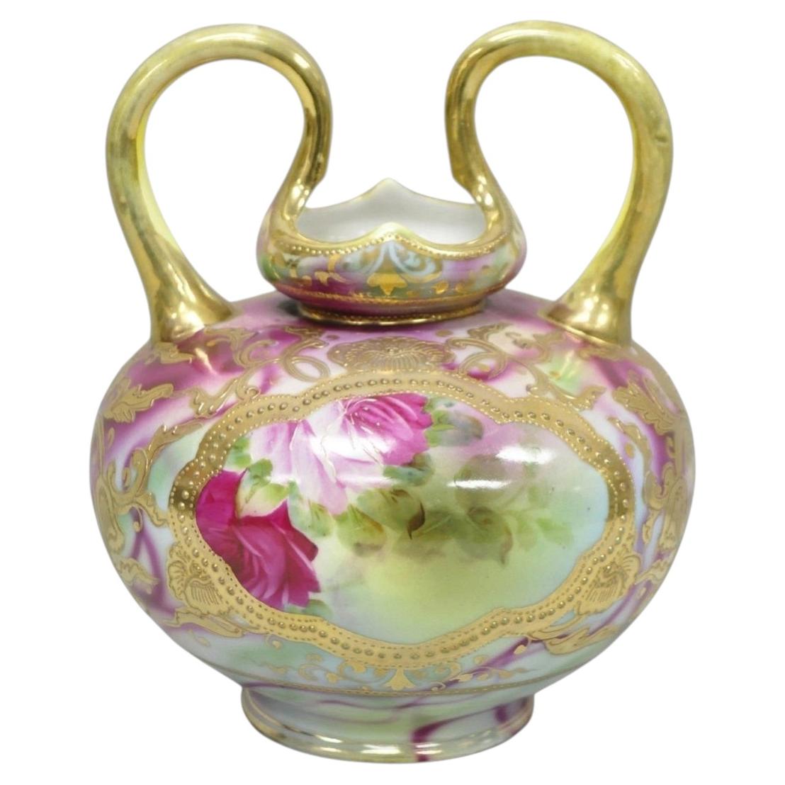 Antique Austrian Hand Painted Moriage Porcelain Double Swung Handle Bulbous Vase