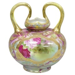 Antique Austrian Hand Painted Moriage Porcelain Double Swung Handle Bulbous Vase