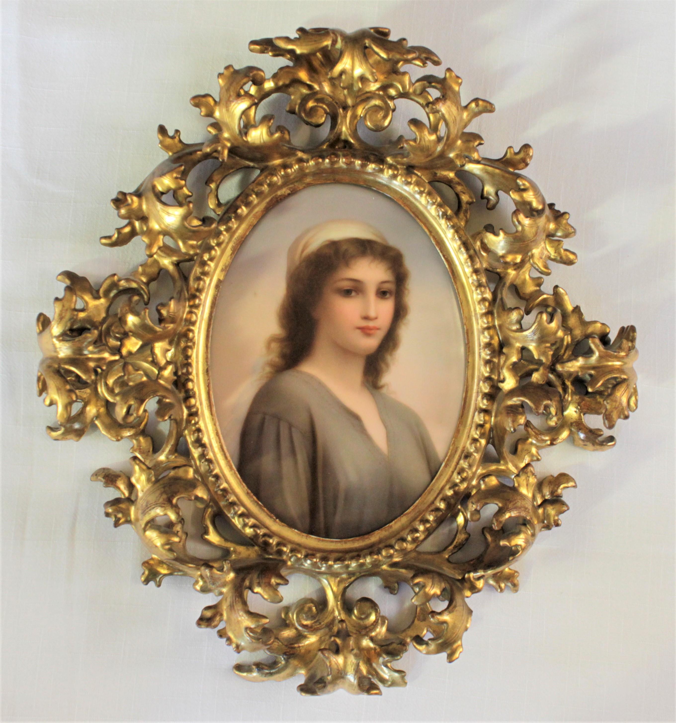 Antique Austrian Hand Painted Porcelain Portrait of 'Ruth' in Ornate Wood Frame 2
