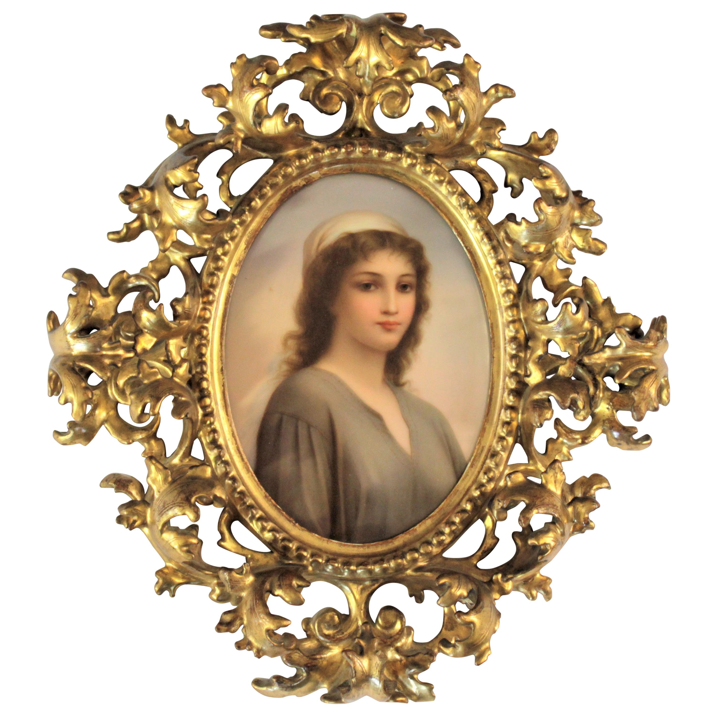 Antique Austrian Hand Painted Porcelain Portrait of 'Ruth' in Ornate Wood Frame