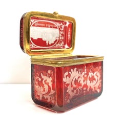 Antique Austrian Hinged Lid Ruby Red Bohemian Engraved Cut Crystal Trinket Box