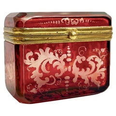 Antique Austrian Hinged Lid Ruby Red Bohemian Engraved Cut Crystal Trinket Box 