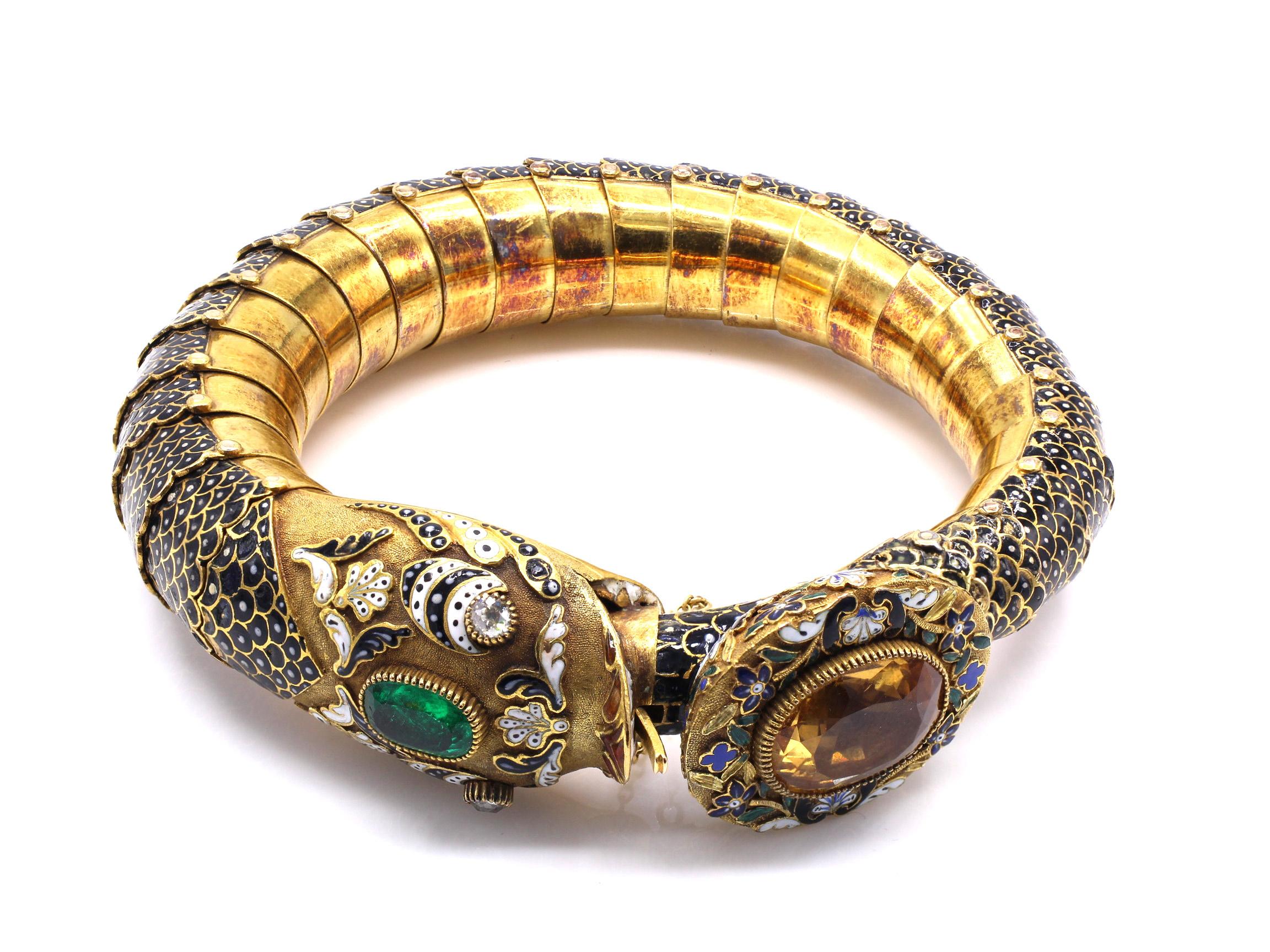 Unique antique Austro-Hungarian bracelet from ca 1870. Amazingly designed and formidably handcrafted in 18 Karat yellow gold with intricate enamel work this serpent bracelet reflects the best of jewelry work form its' period. Each element is