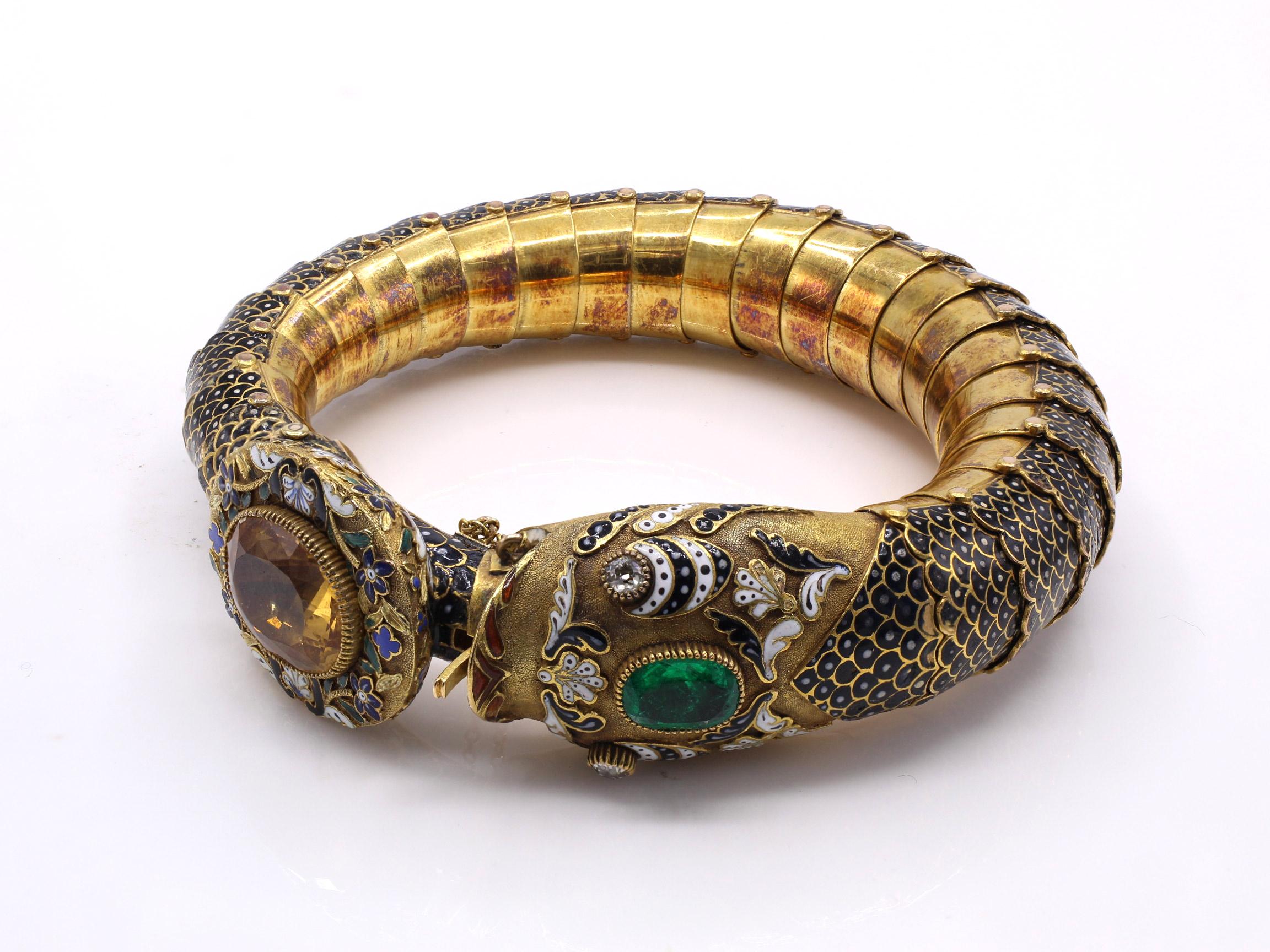 Mixed Cut Antique Austrian-Hungarian Emerald Topaz Diamond Enamel Gold Bracelet