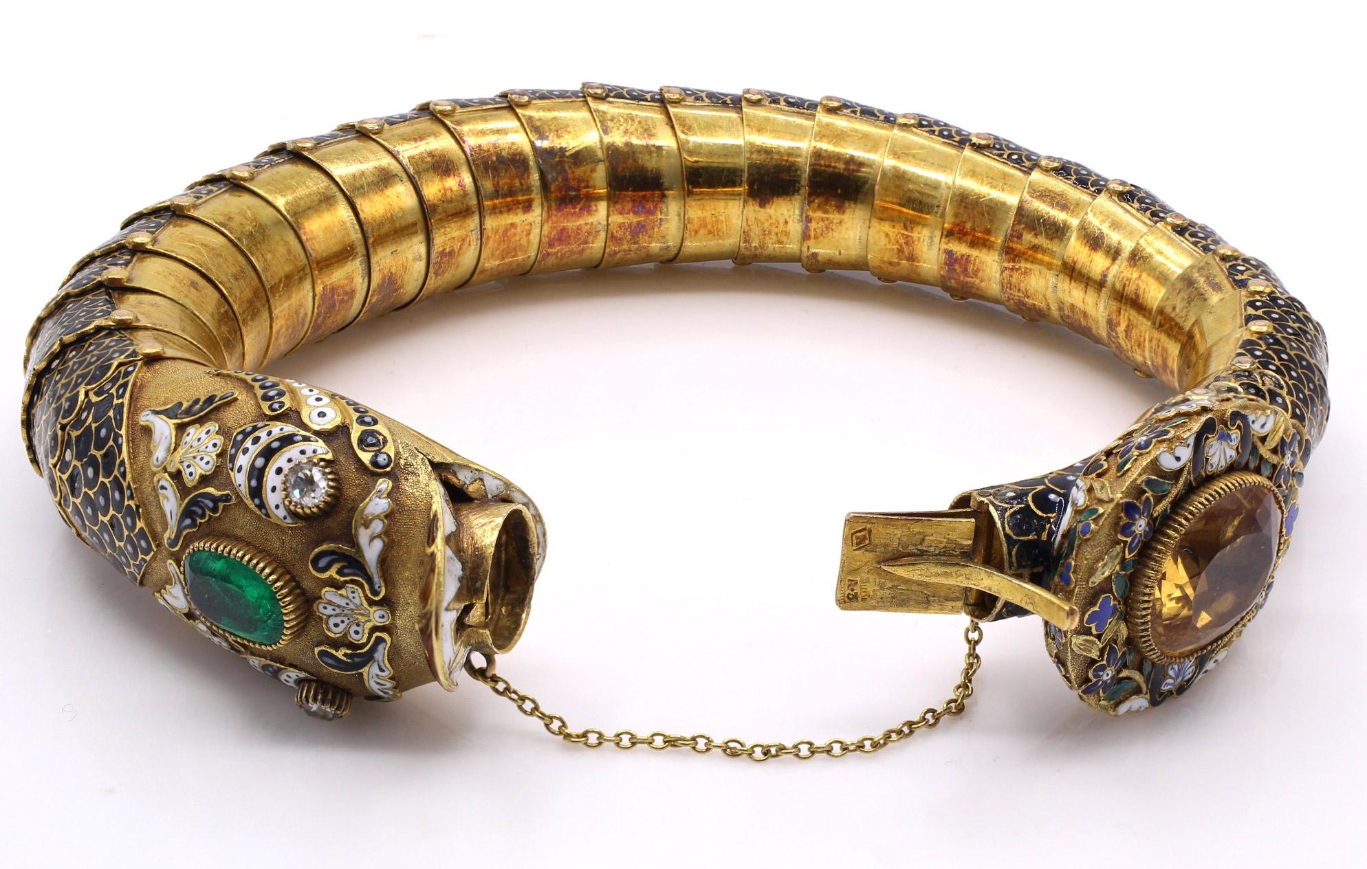 Antique Austrian-Hungarian Emerald Topaz Diamond Enamel Gold Bracelet In Good Condition In New York, NY