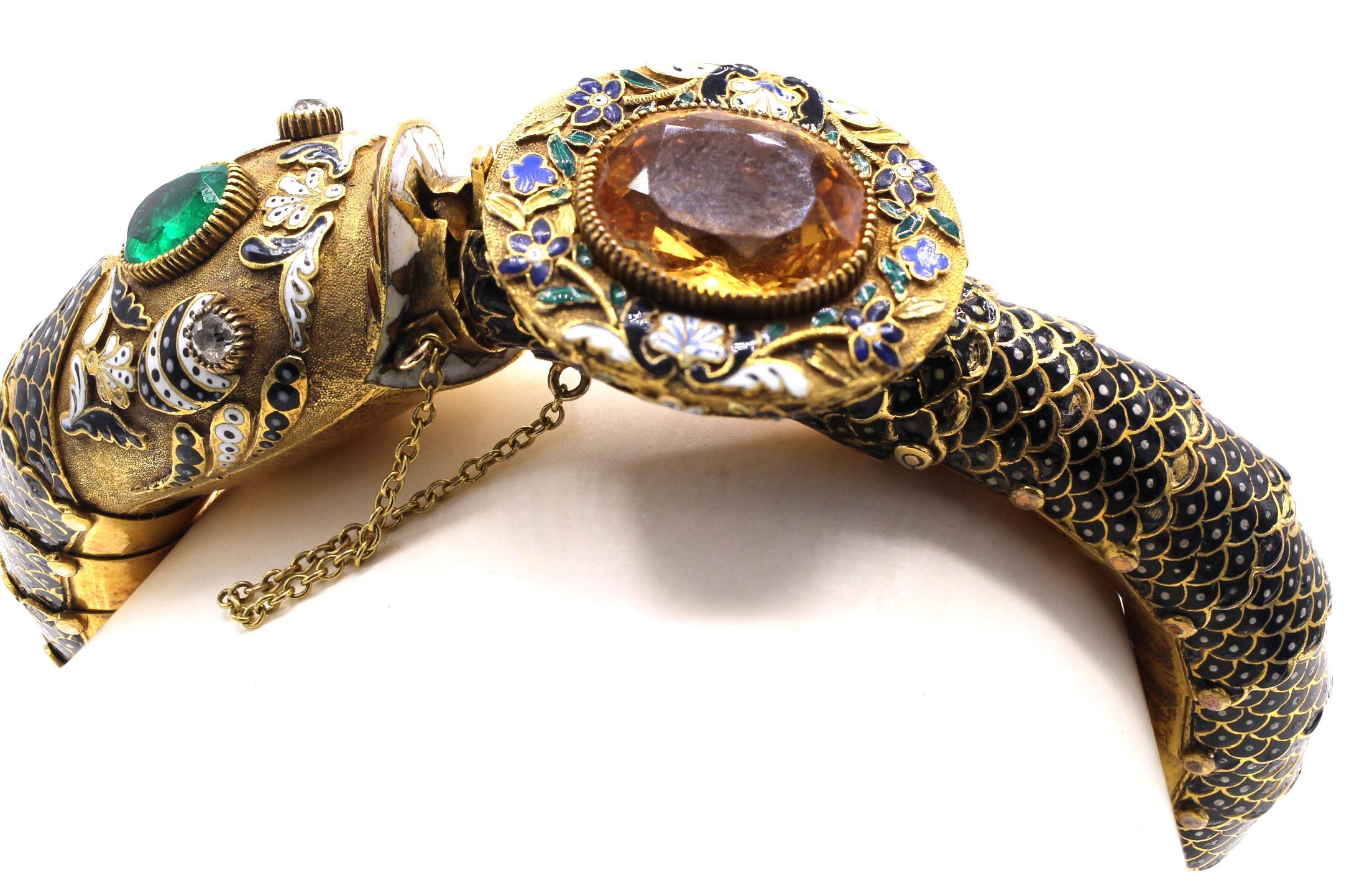 Women's or Men's Antique Austrian-Hungarian Emerald Topaz Diamond Enamel Gold Bracelet