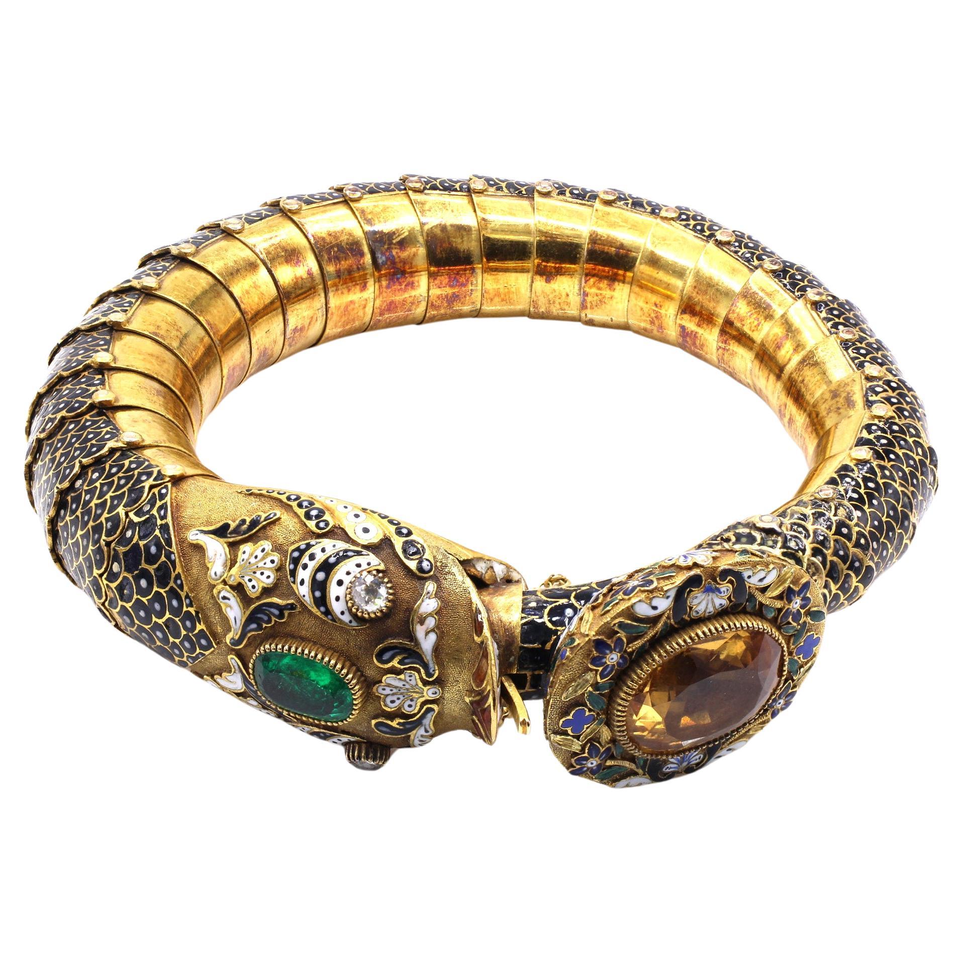 Antique Austrian-Hungarian Emerald Topaz Diamond Enamel Gold Bracelet