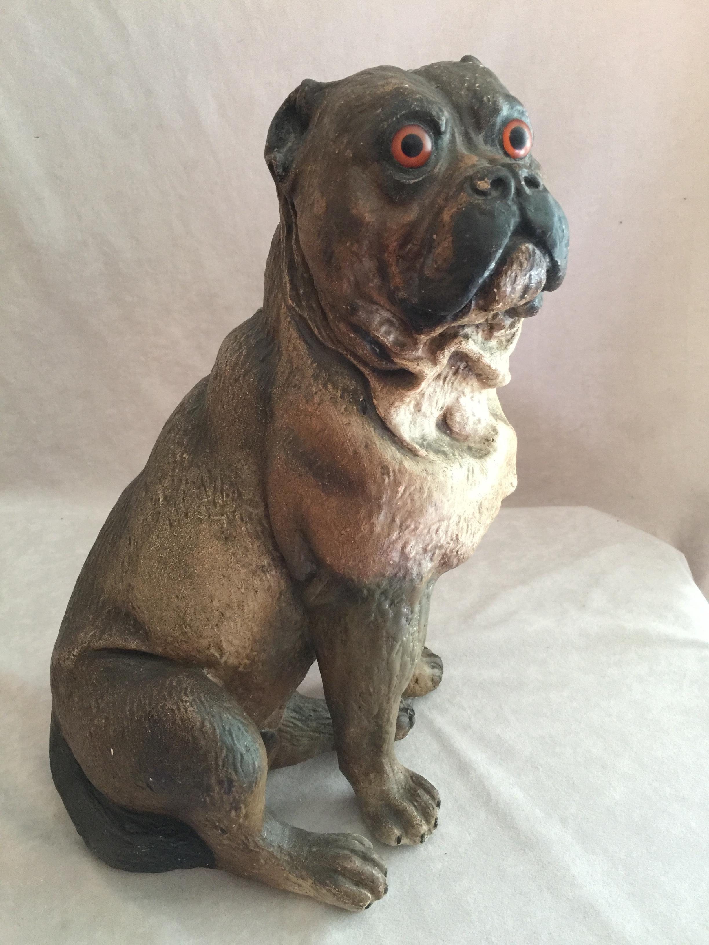 Other Antique Austrian Terracotta Pug Dog w/ Glass Eyes
