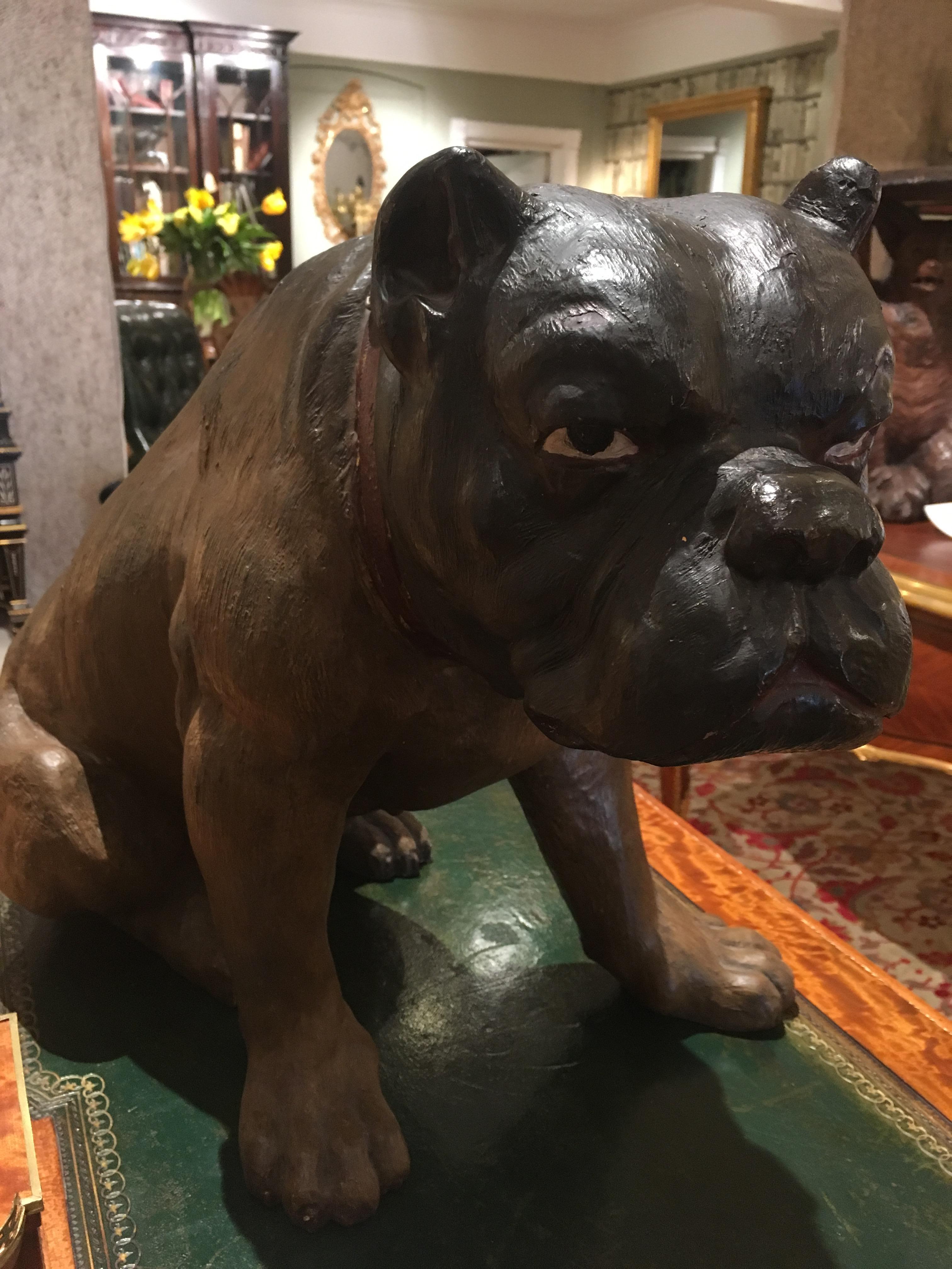 Antike österreichische lebensähnliche Figur einer sitzenden braunen englischen Bulldogge (Terrakotta) im Angebot