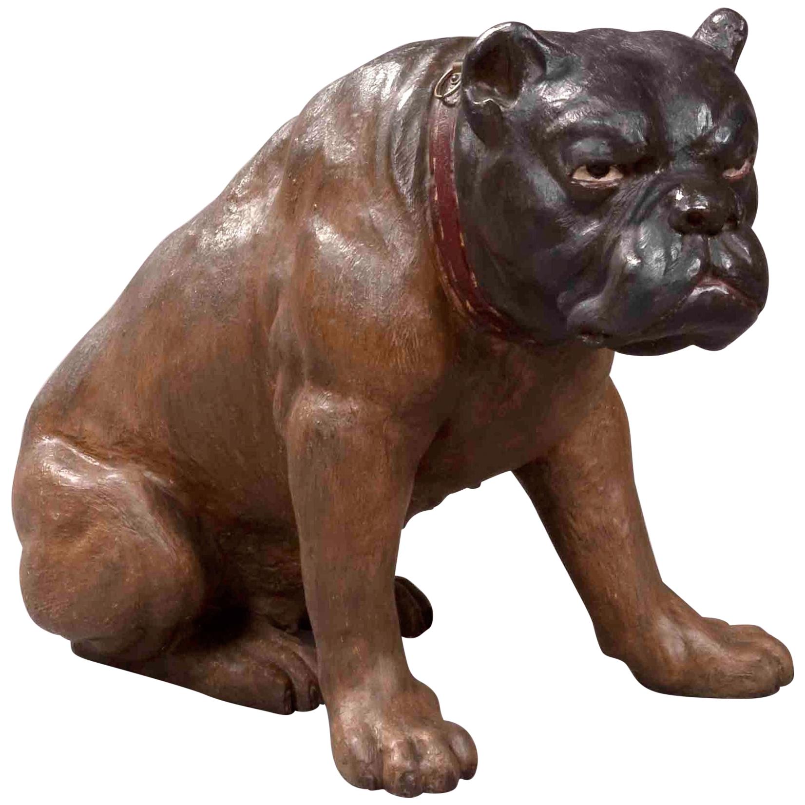 Antike österreichische lebensähnliche Figur einer sitzenden braunen englischen Bulldogge im Angebot