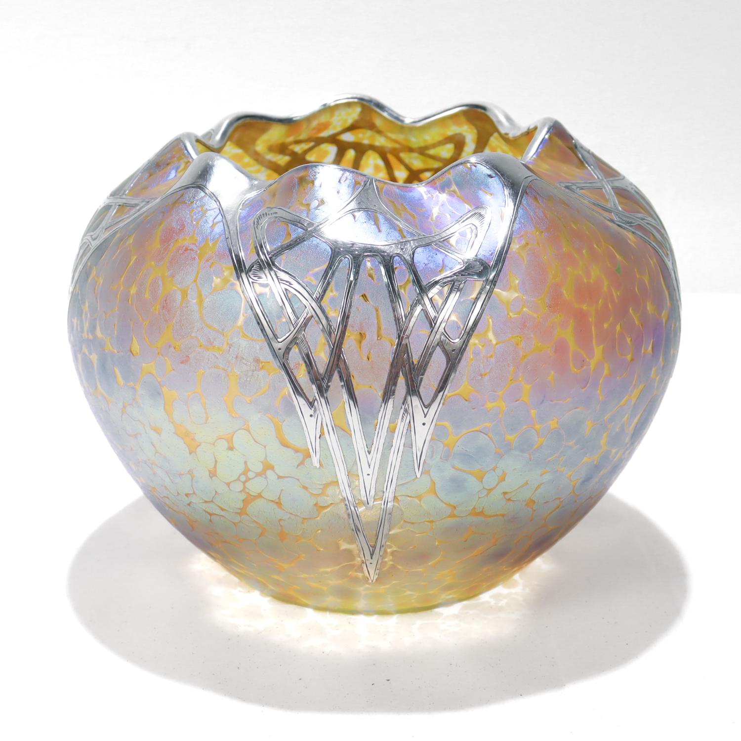 Antique Austrian Loetz Art Glass Candia Papillon Silver Overlay Vase In Good Condition In Philadelphia, PA
