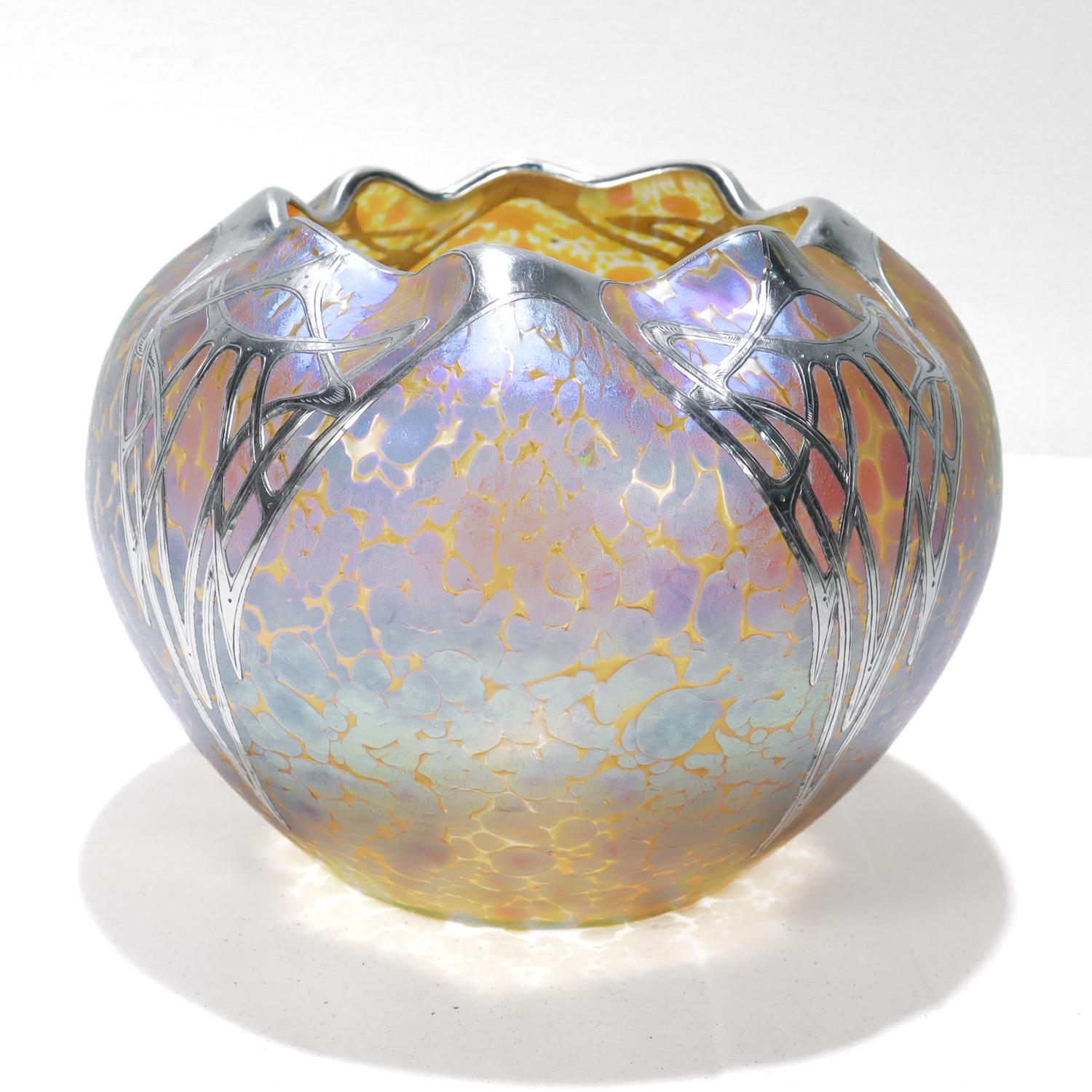 20th Century Antique Austrian Loetz Art Glass Candia Papillon Silver Overlay Vase