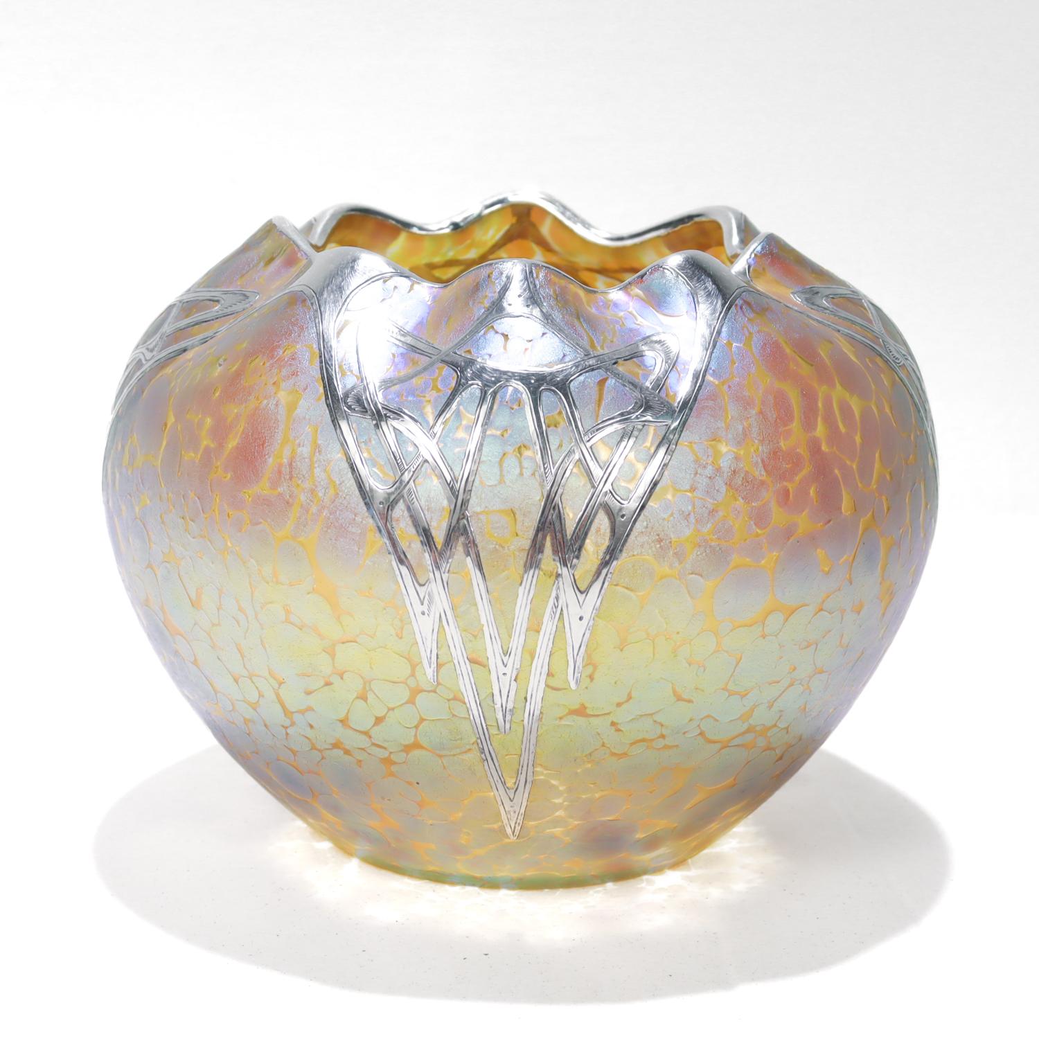 Antique Austrian Loetz Art Glass Candia Papillon Silver Overlay Vase 1