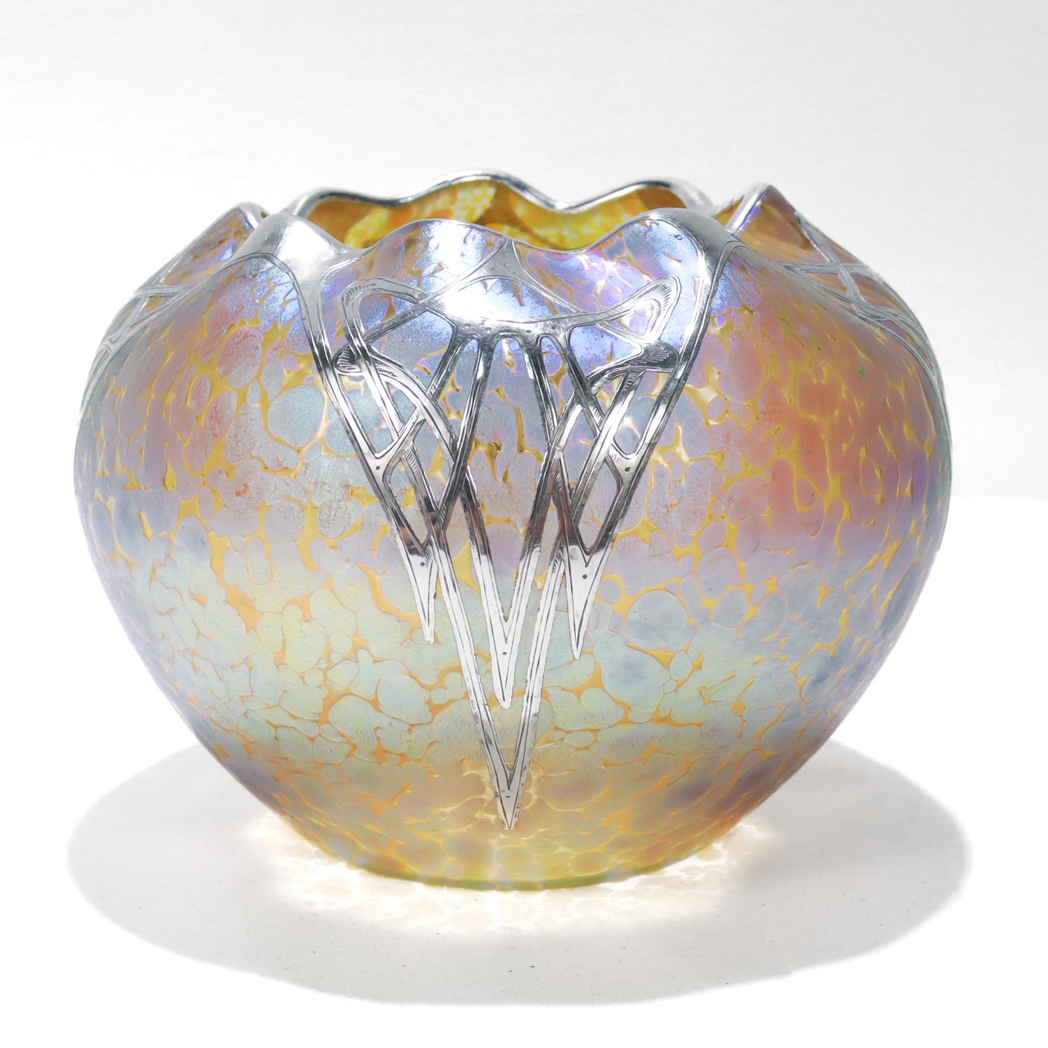 Antique Austrian Loetz Art Glass Candia Papillon Silver Overlay Vase 2