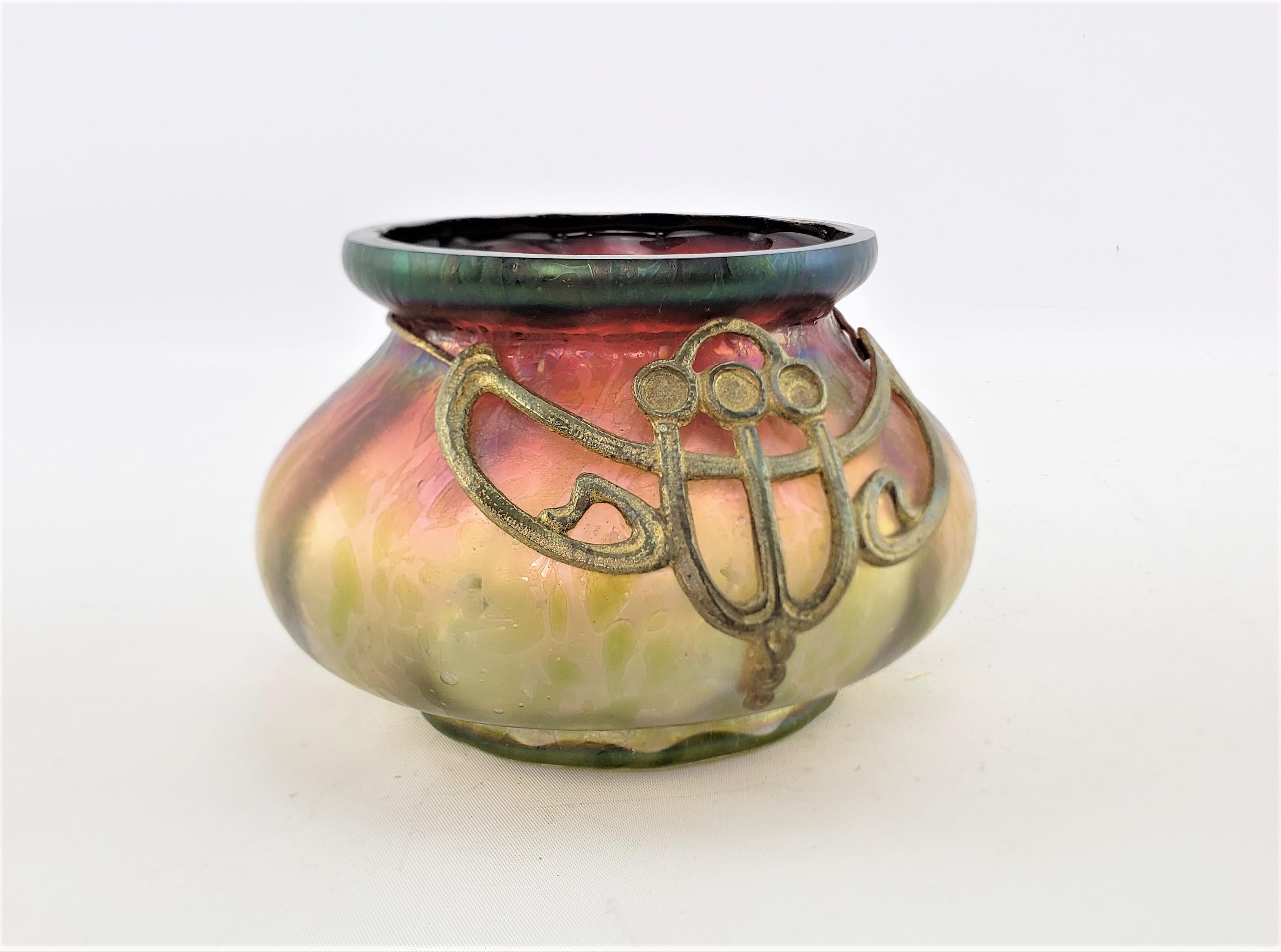 Art Nouveau Antique Austrian Loetz Styled Iridescent Art Glass Vase with Bronze Collar Decor