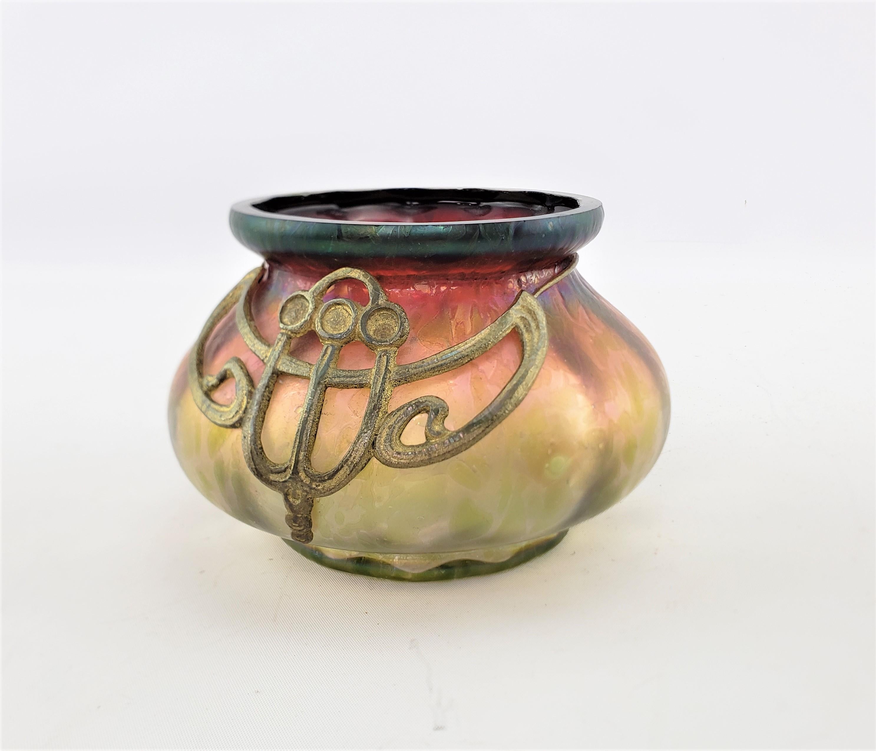 Hand-Crafted Antique Austrian Loetz Styled Iridescent Art Glass Vase with Bronze Collar Decor