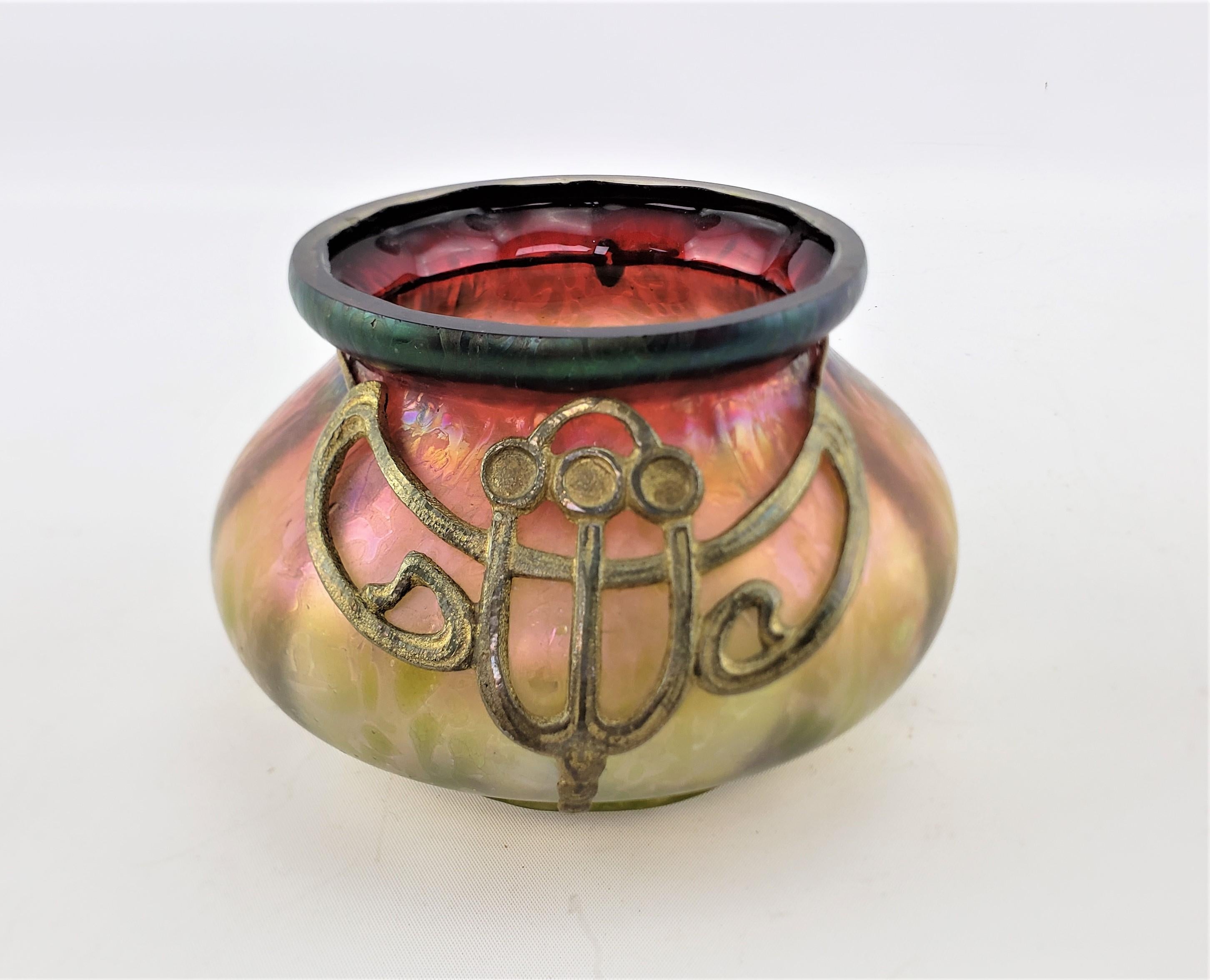 Antique Austrian Loetz Styled Iridescent Art Glass Vase with Bronze Collar Decor In Good Condition In Hamilton, Ontario