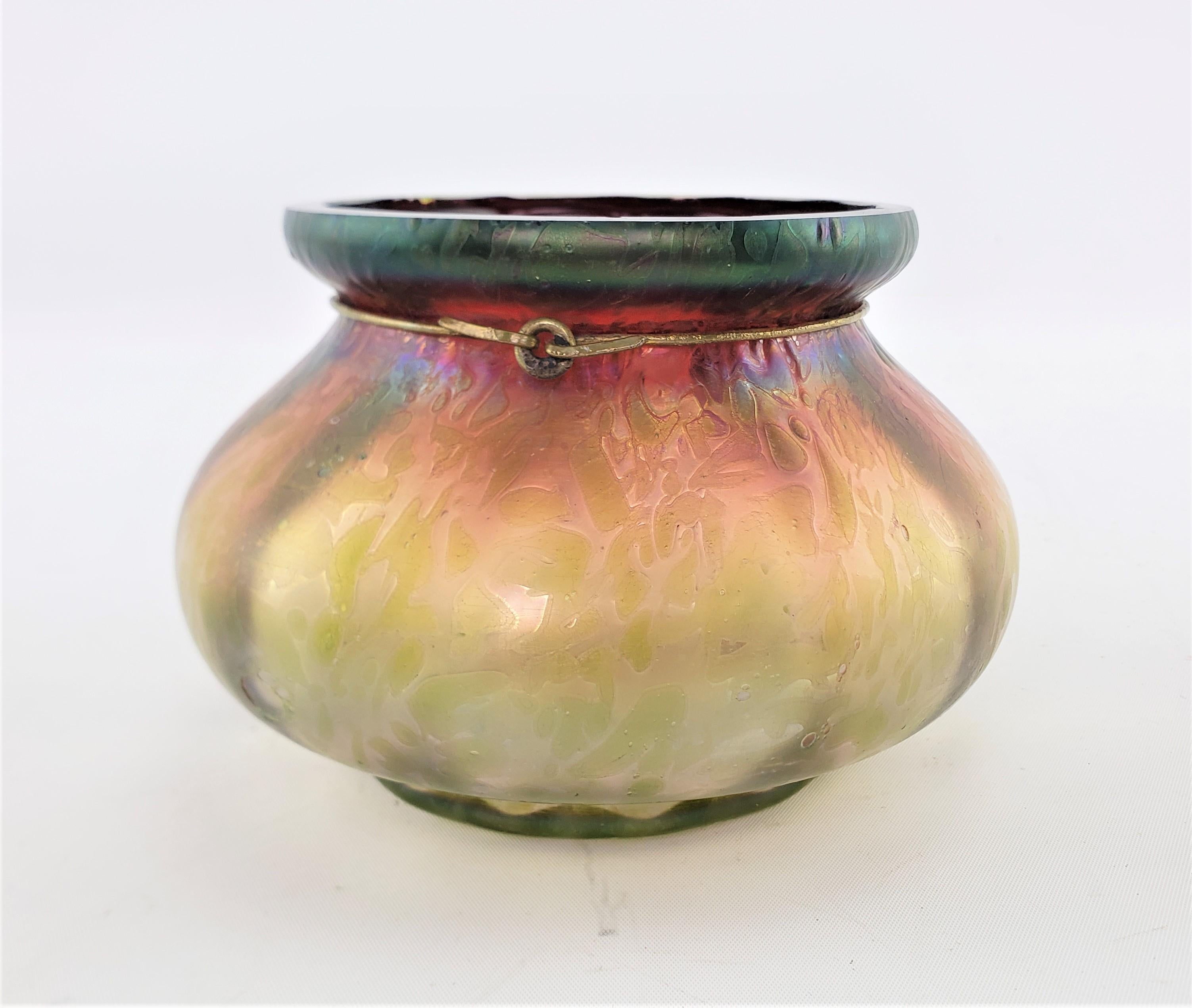 20th Century Antique Austrian Loetz Styled Iridescent Art Glass Vase with Bronze Collar Decor