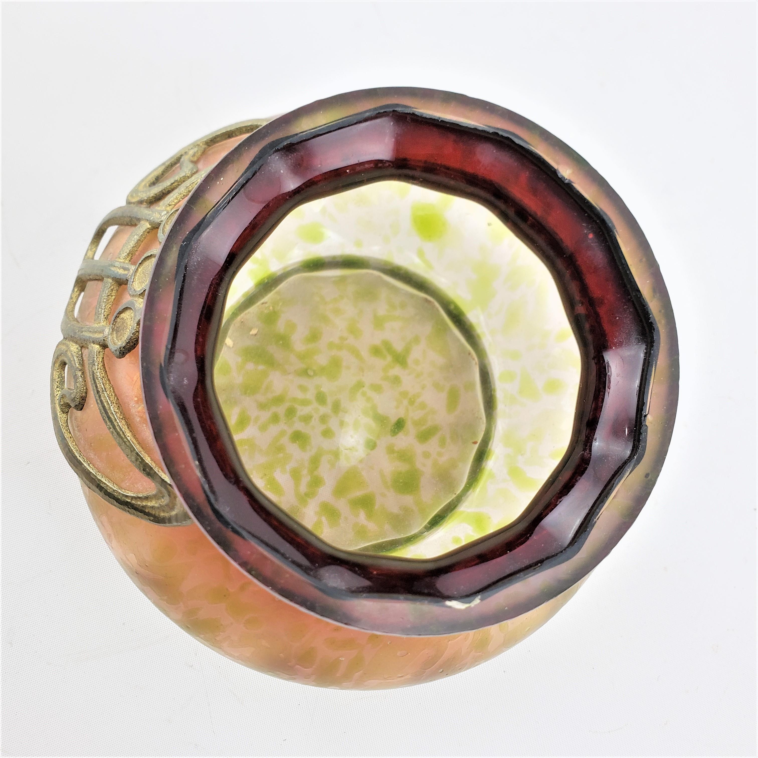 Antique Austrian Loetz Styled Iridescent Art Glass Vase with Bronze Collar Decor 3