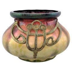 Antique Austrian Loetz Styled Iridescent Art Glass Vase with Bronze Collar Decor