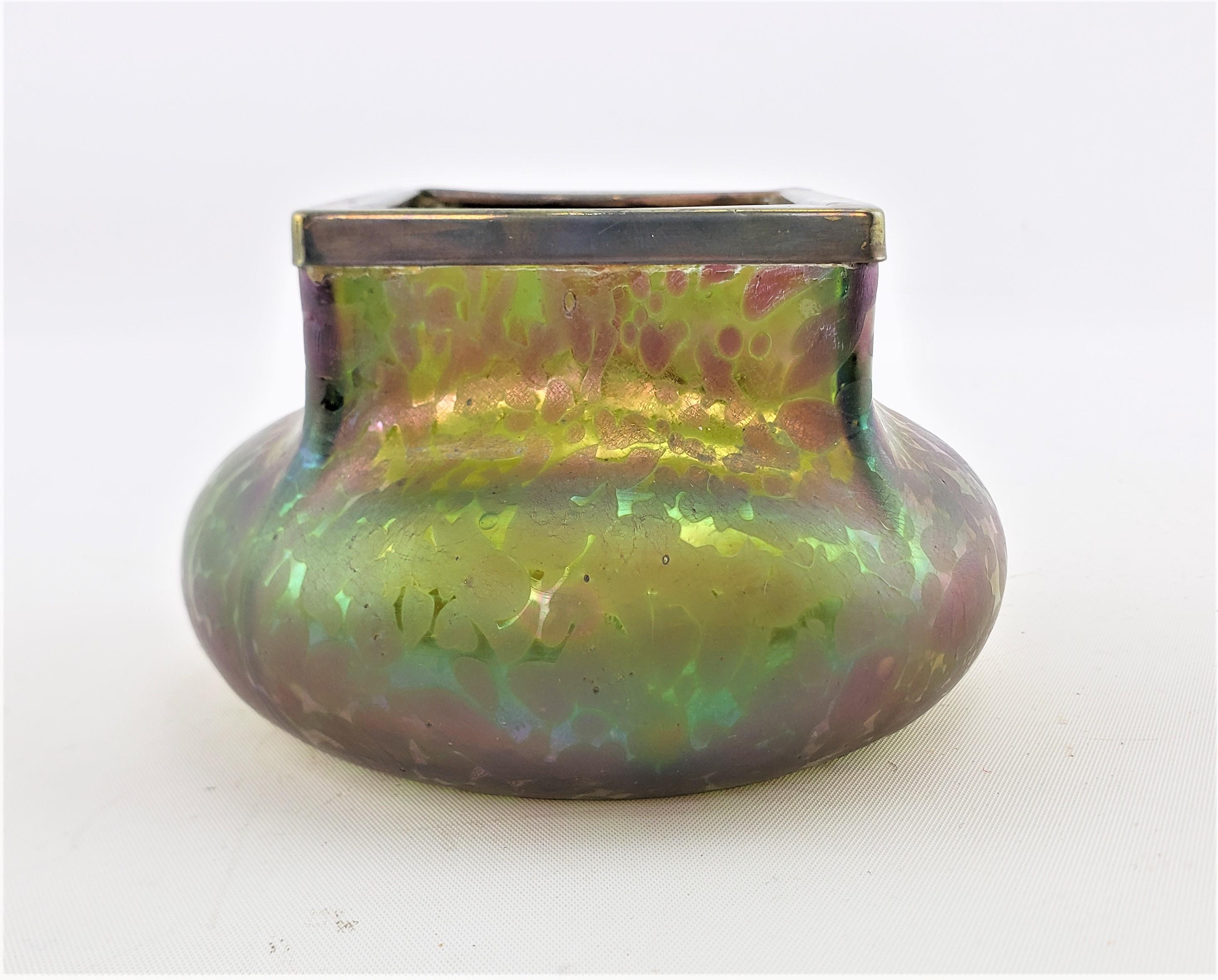 Hand-Crafted Antique Austrian Loetz Styled Iridescent Art Glass Vase with Metal Covered Rim For Sale