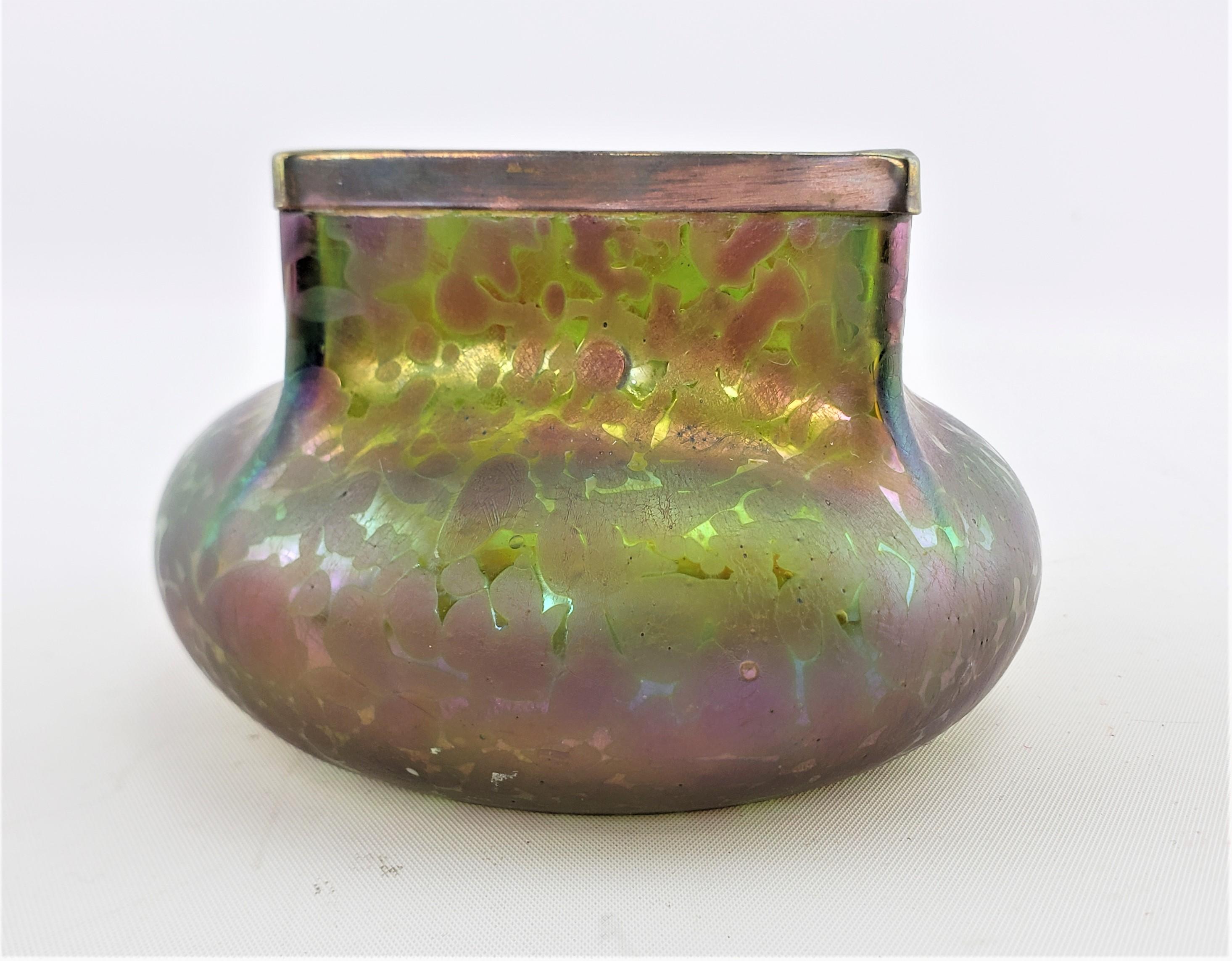 Antique Austrian Loetz Styled Iridescent Art Glass Vase with Metal Covered Rim In Good Condition For Sale In Hamilton, Ontario