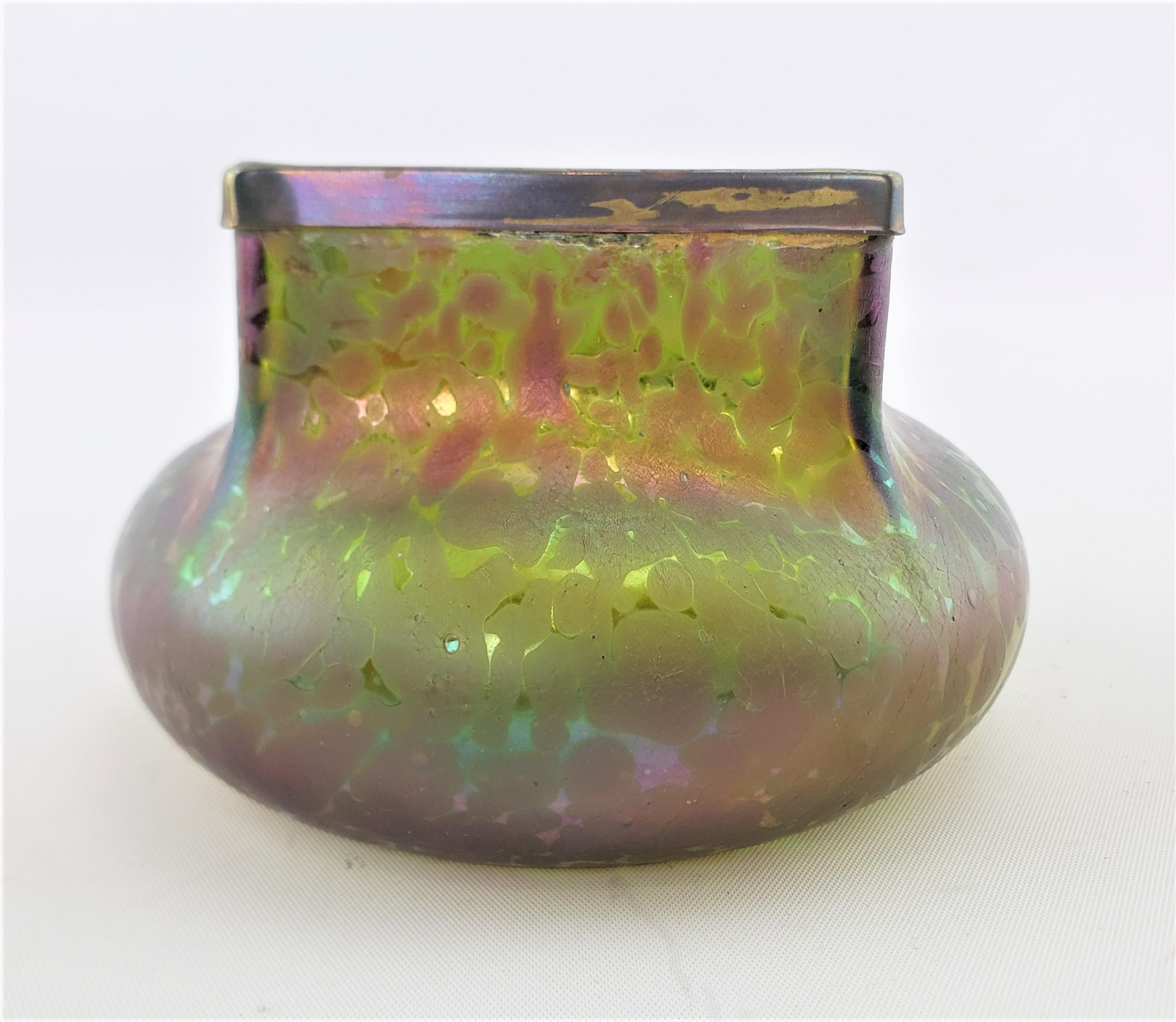 19th Century Antique Austrian Loetz Styled Iridescent Art Glass Vase with Metal Covered Rim For Sale