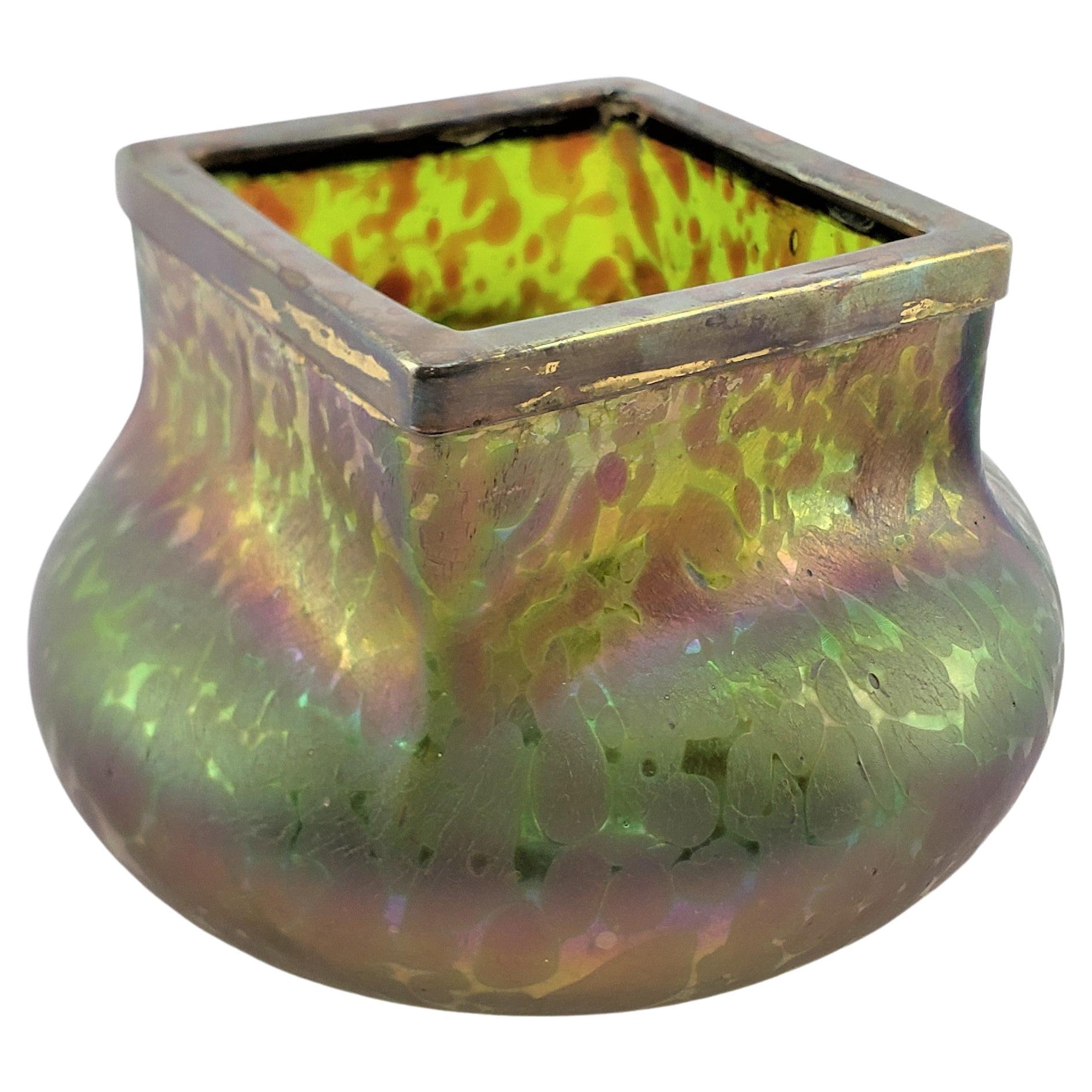 Antique Austrian Loetz Styled Iridescent Art Glass Vase with Metal Covered Rim For Sale