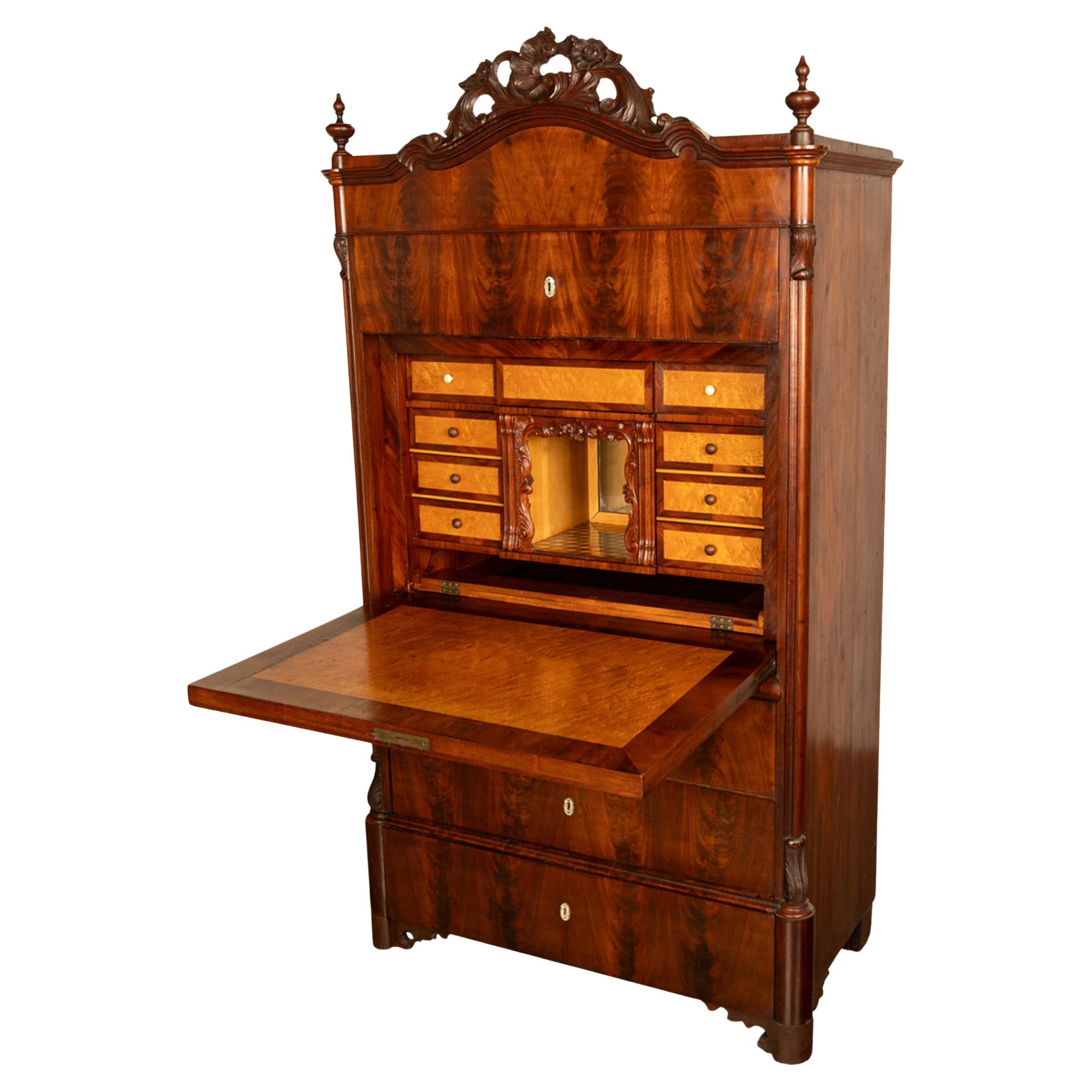 Antique Austrian Mahogany Maple Inlaid Biedermeier Secretary Chest Cabinet 1850