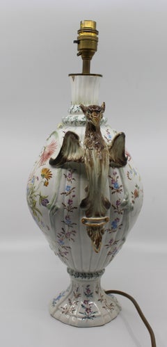 Antique Austrian Majolica Table Lamp with Griffin Form Handles