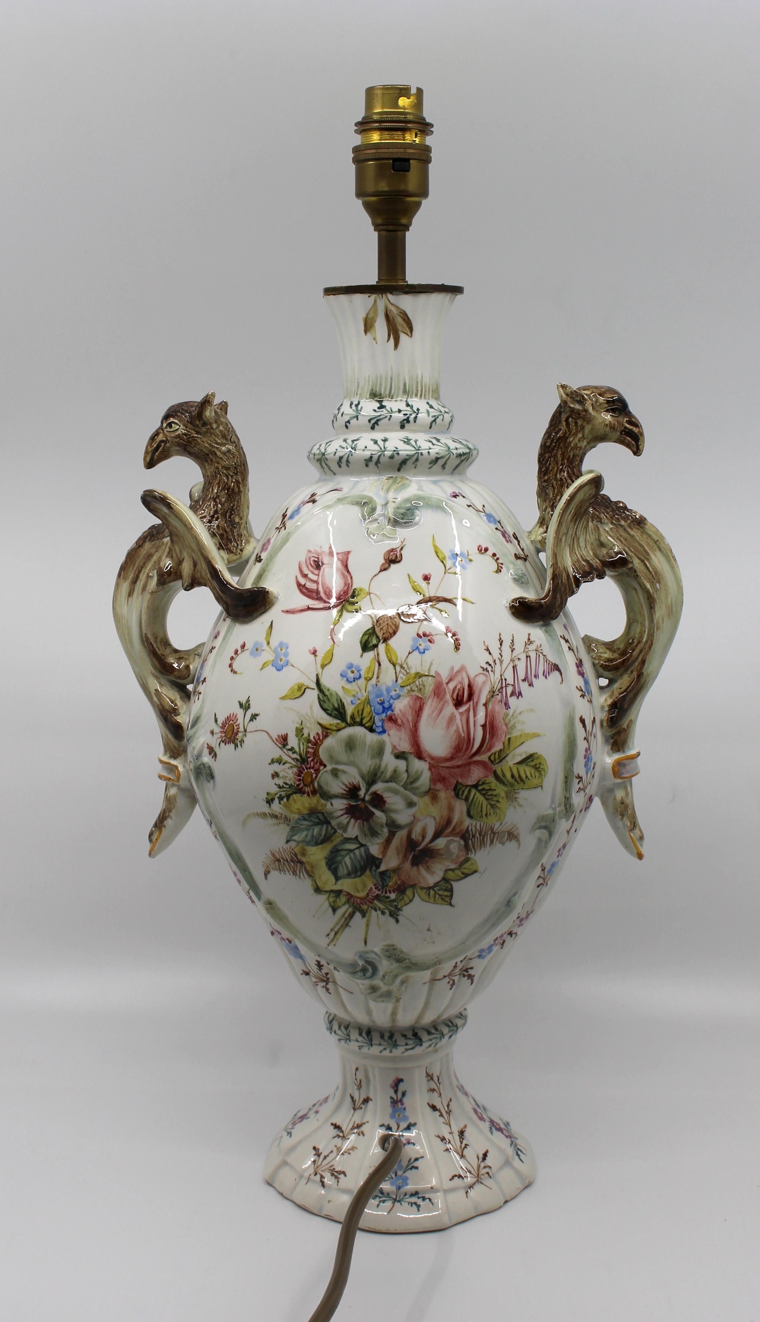 Antique Austrian Majolica Table Lamp with Griffin Form Handles In Good Condition For Sale In Worcester, Worcestershire