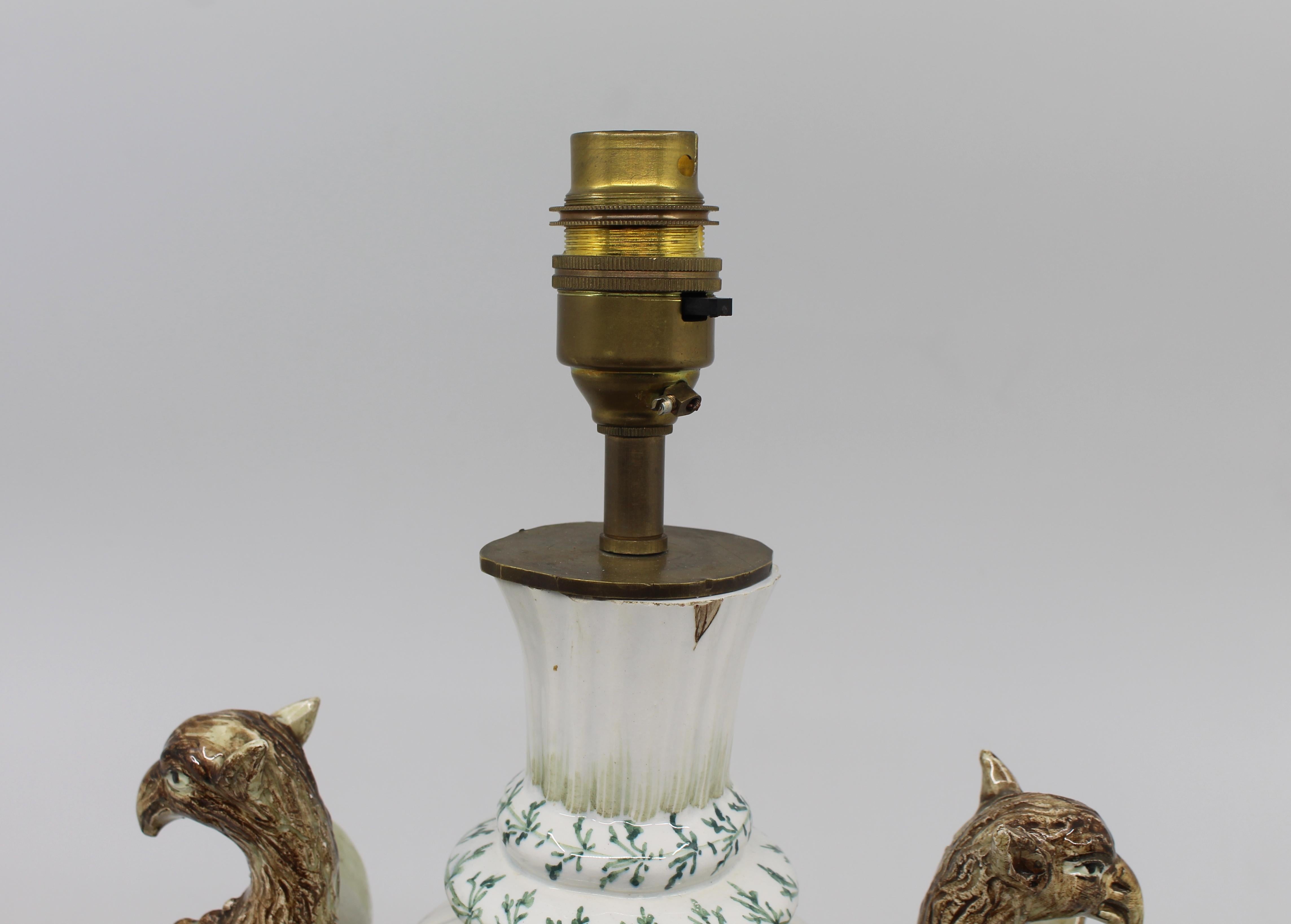 19th Century Antique Austrian Majolica Table Lamp with Griffin Form Handles For Sale