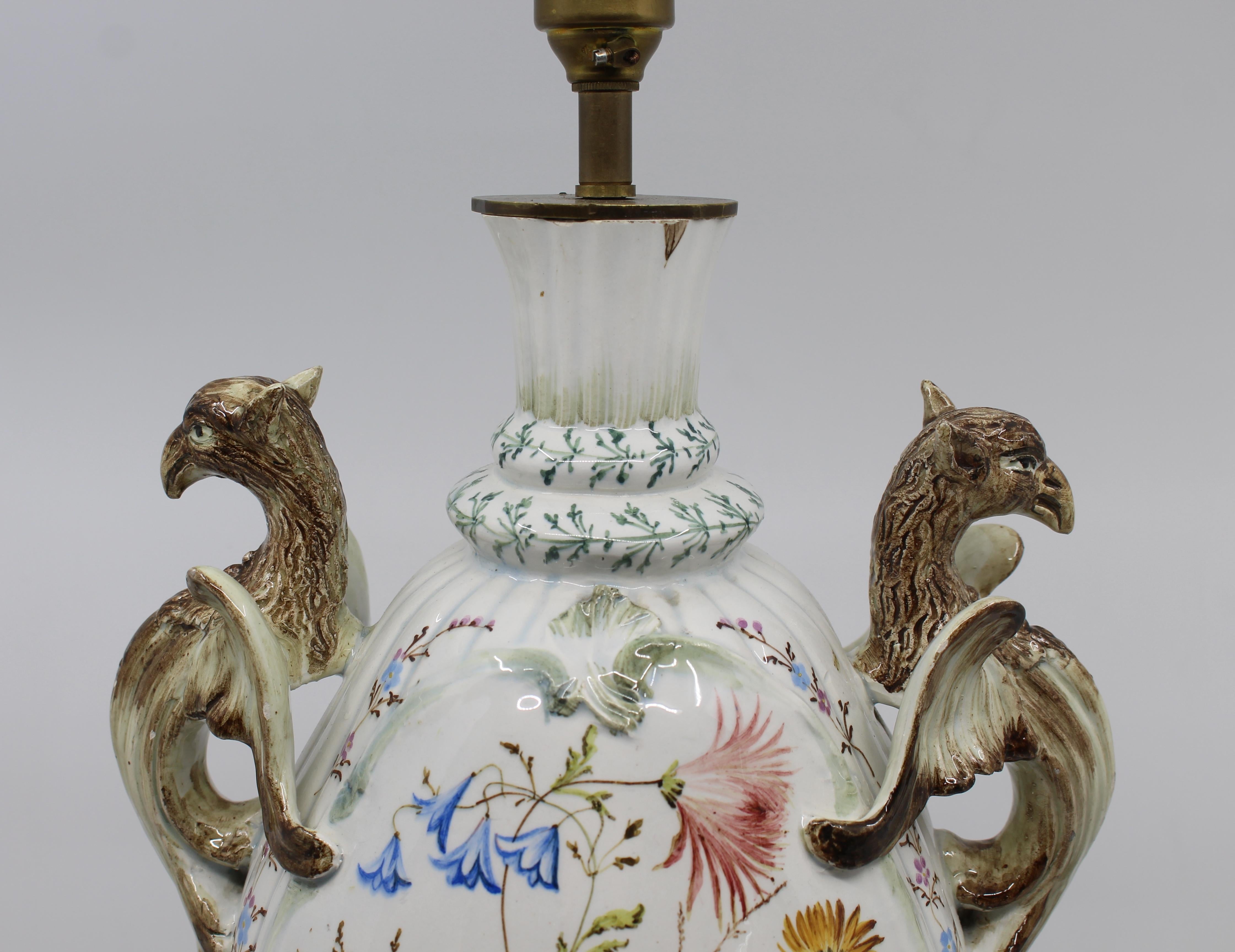 Antique Austrian Majolica Table Lamp with Griffin Form Handles For Sale 1