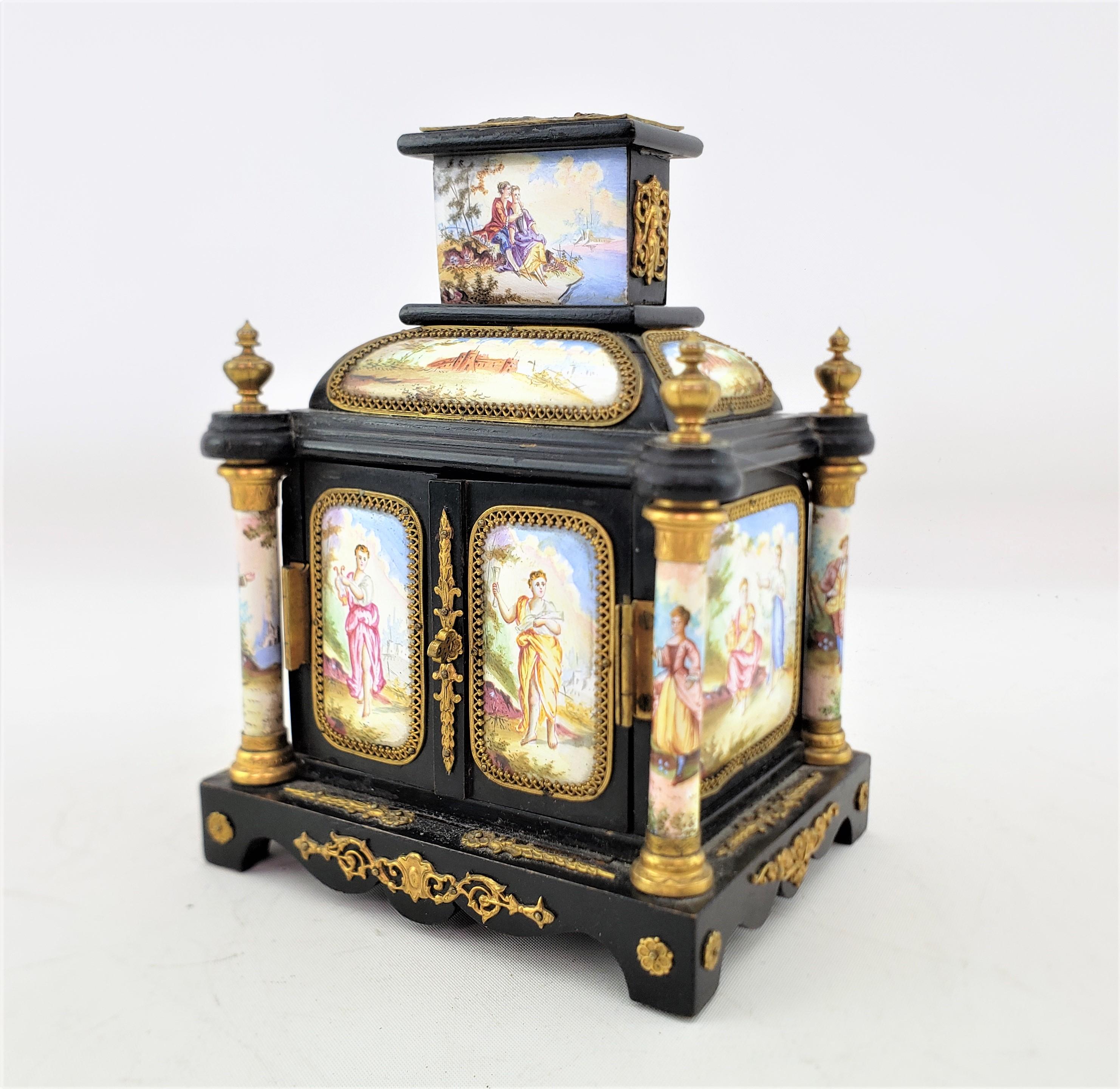 Hand-Crafted Antique Austrian Miniature Table Cabinet or Trinket Box with Enameled Panels  For Sale