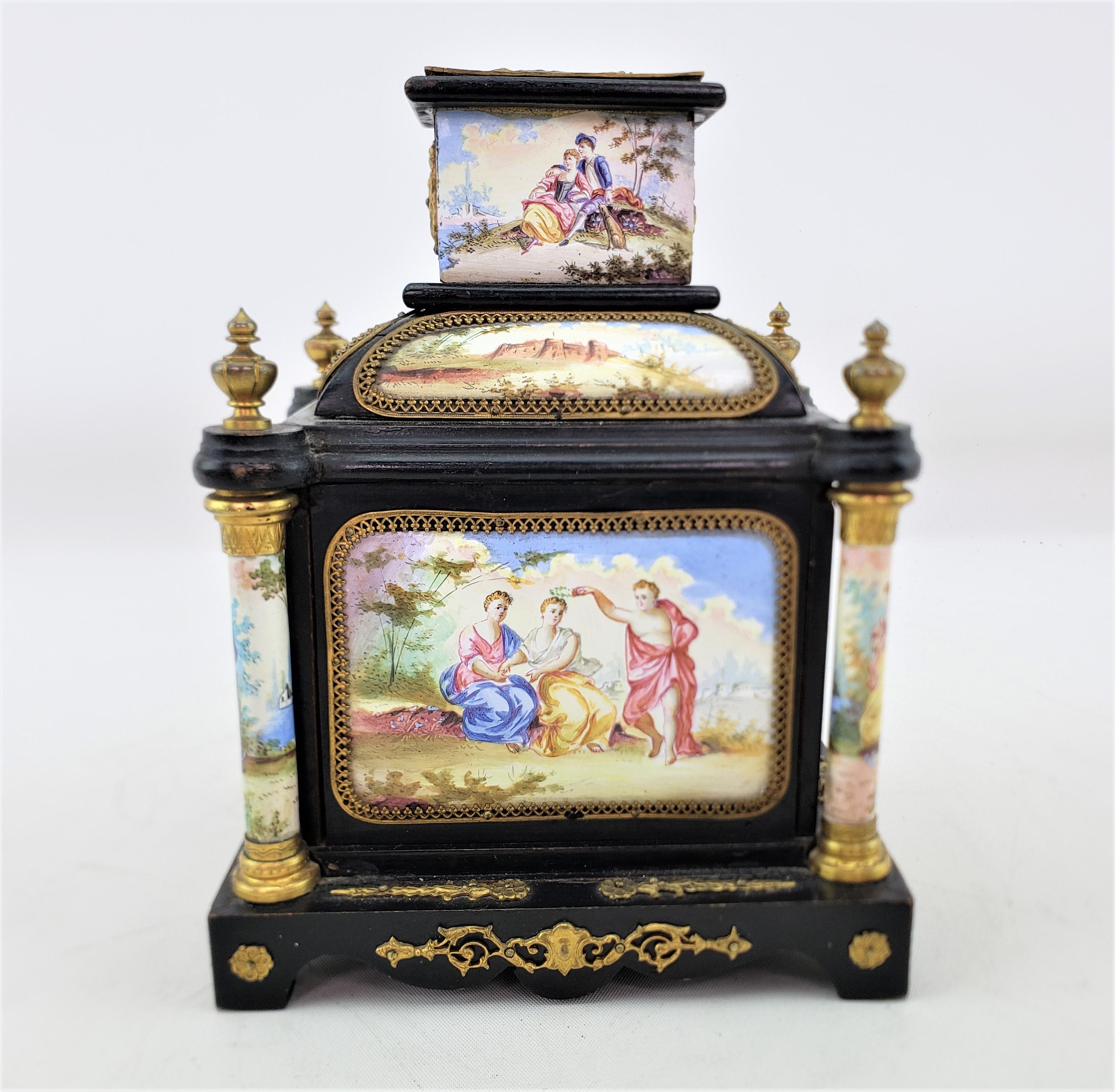 19th Century Antique Austrian Miniature Table Cabinet or Trinket Box with Enameled Panels  For Sale