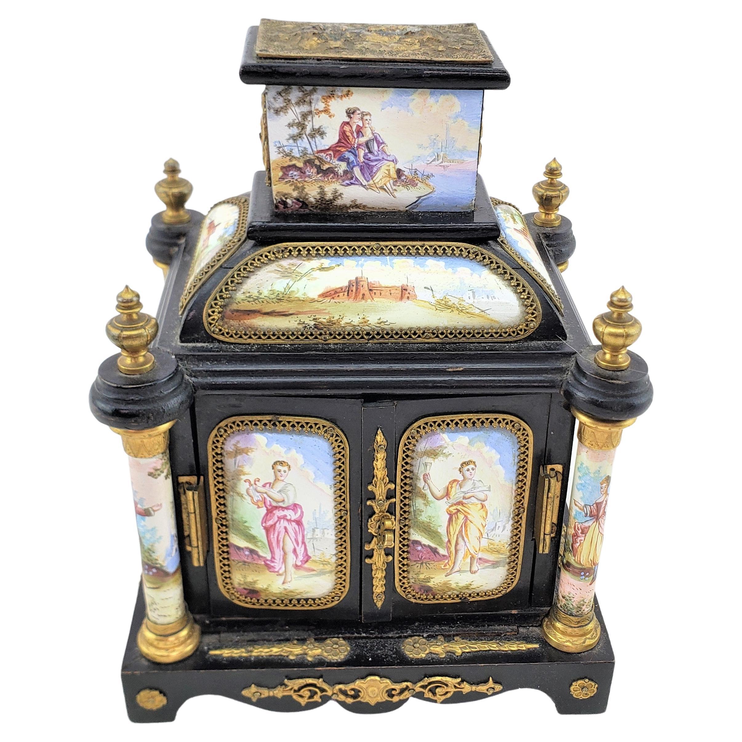 Antique Austrian Miniature Table Cabinet or Trinket Box with Enameled Panels  For Sale
