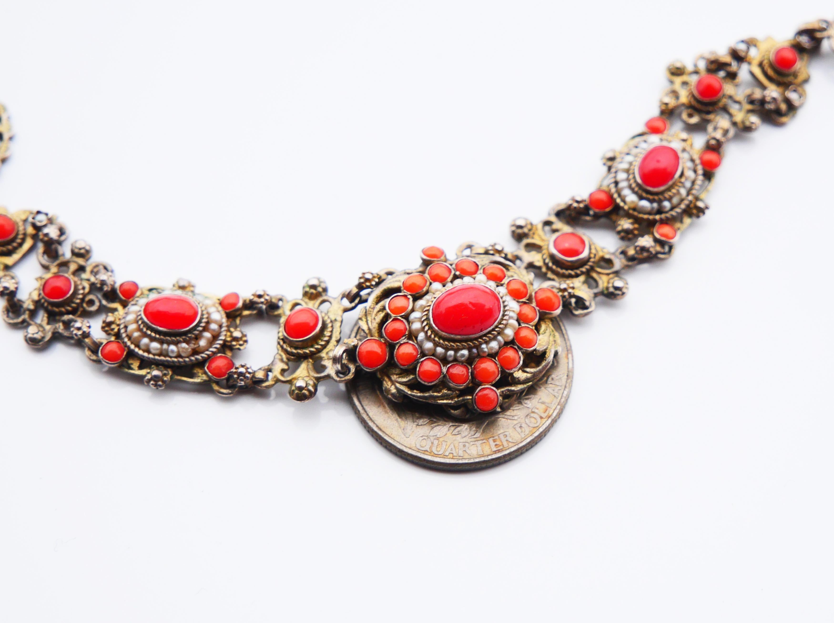 Antique Austrian Neckalce natural Red Coral Seed Pearls Gilt Silver / 27.7gr For Sale 8