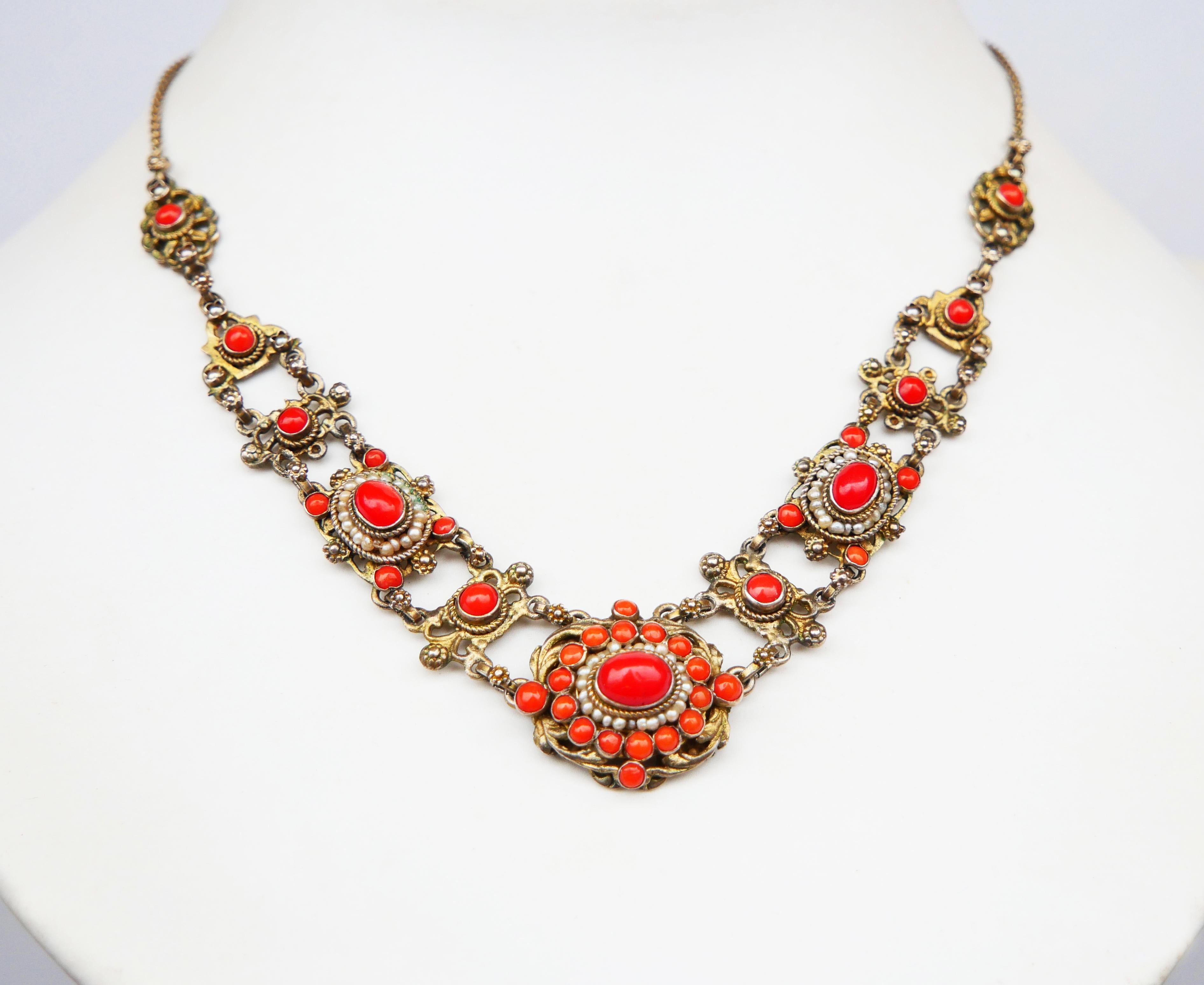 Renaissance Revival Antique Austrian Neckalce natural Red Coral Seed Pearls Gilt Silver / 27.7gr For Sale