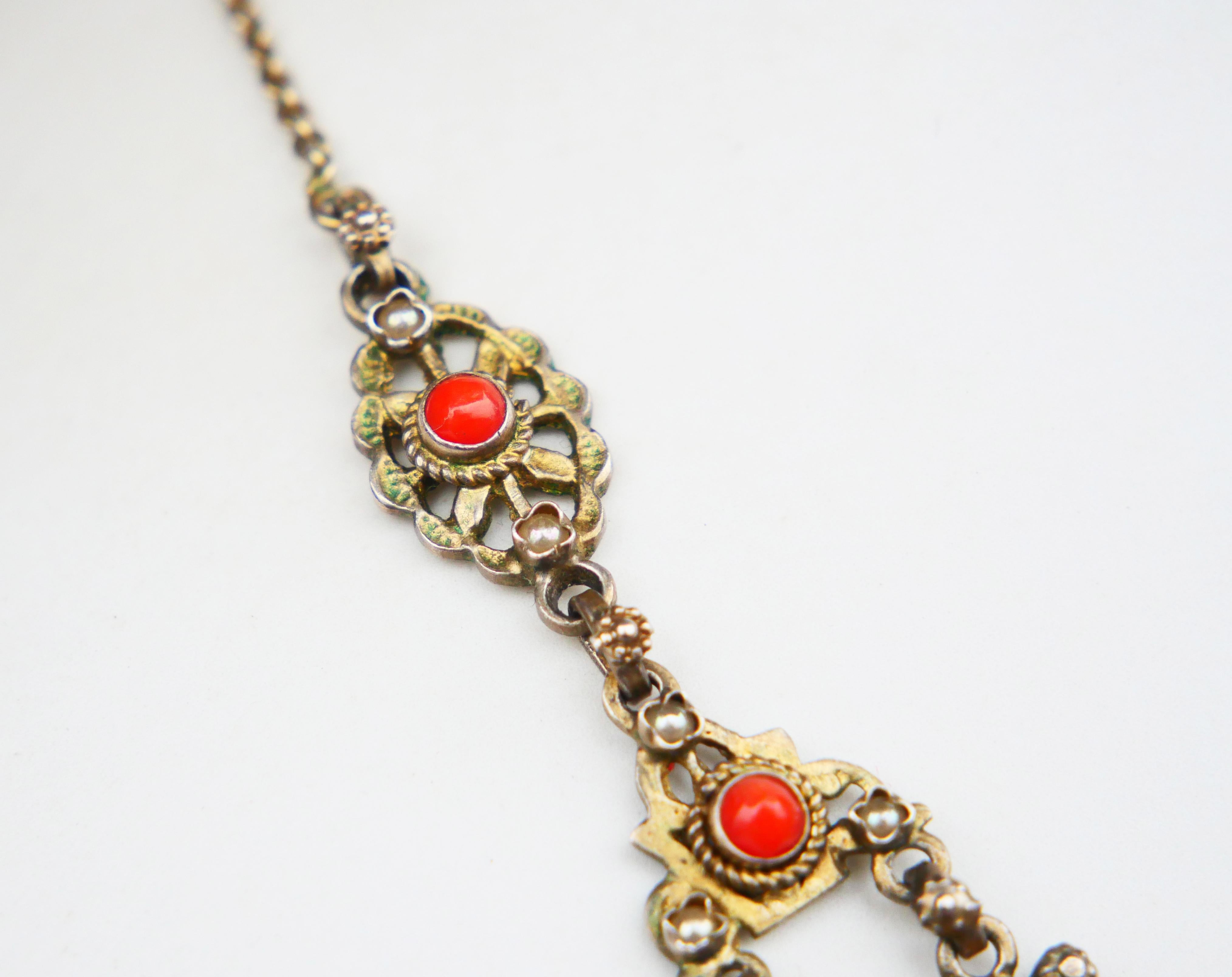 Round Cut Antique Austrian Neckalce natural Red Coral Seed Pearls Gilt Silver / 27.7gr For Sale