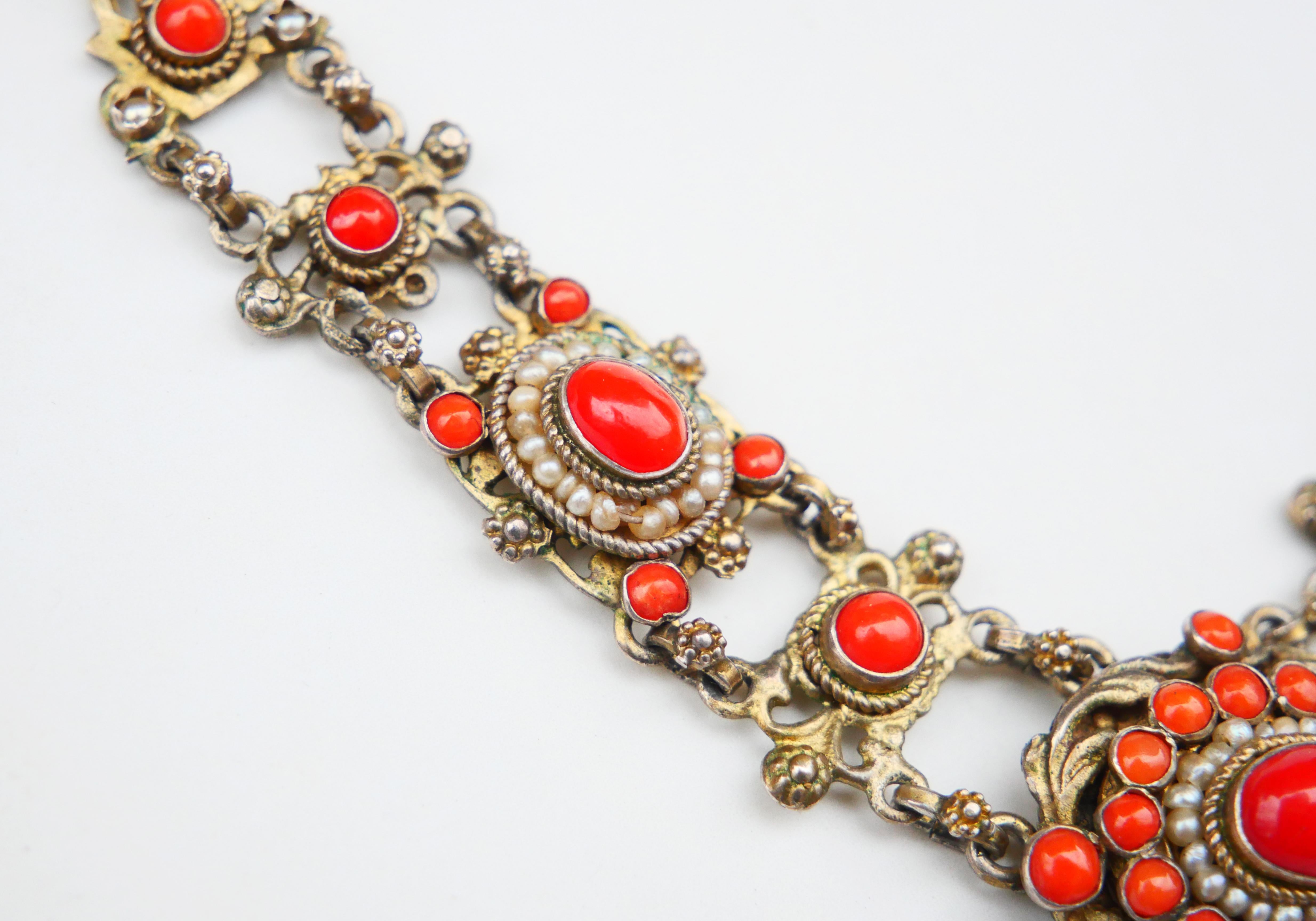Women's Antique Austrian Neckalce natural Red Coral Seed Pearls Gilt Silver / 27.7gr For Sale