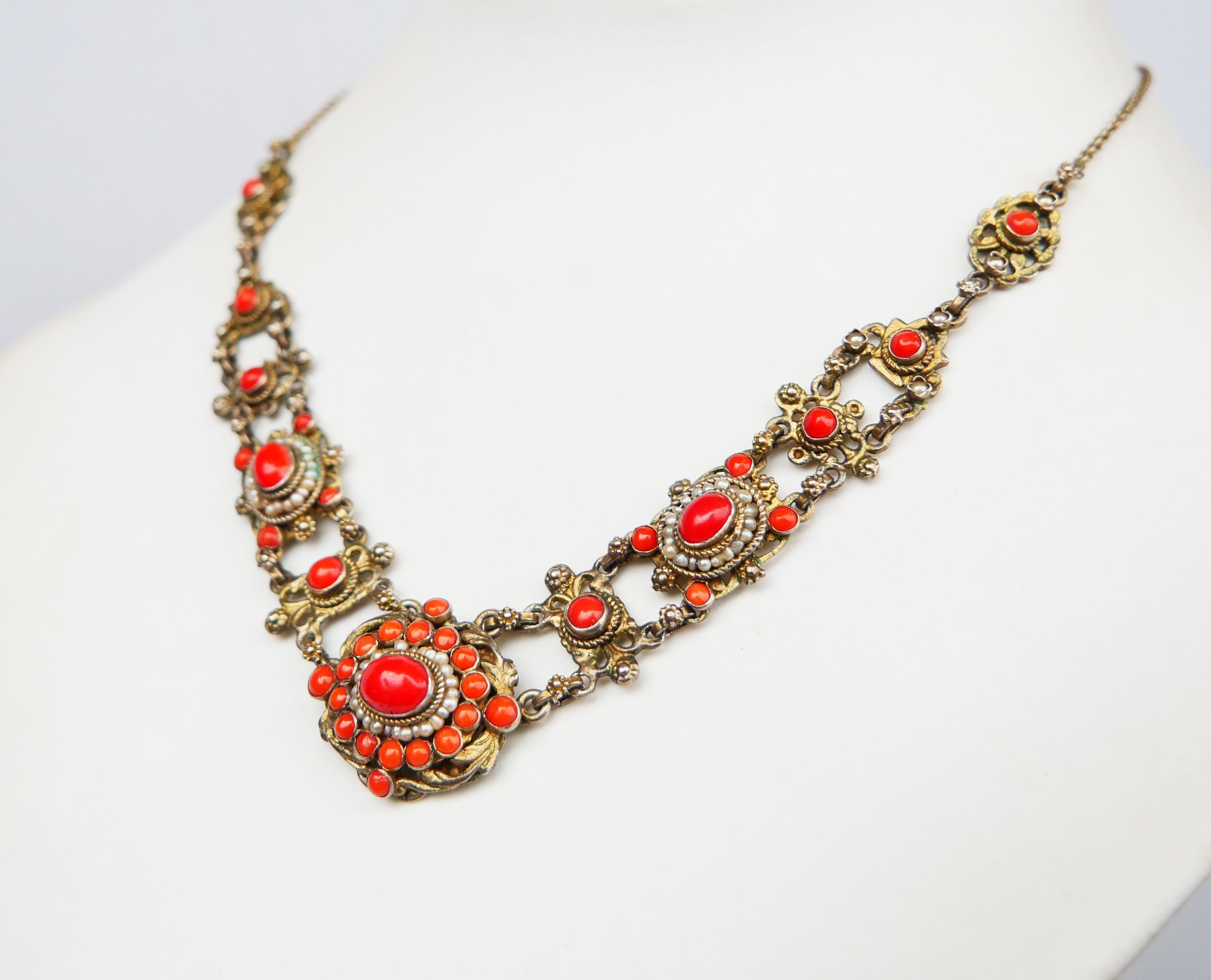 Antique Austrian Neckalce natural Red Coral Seed Pearls Gilt Silver / 27.7gr For Sale 1