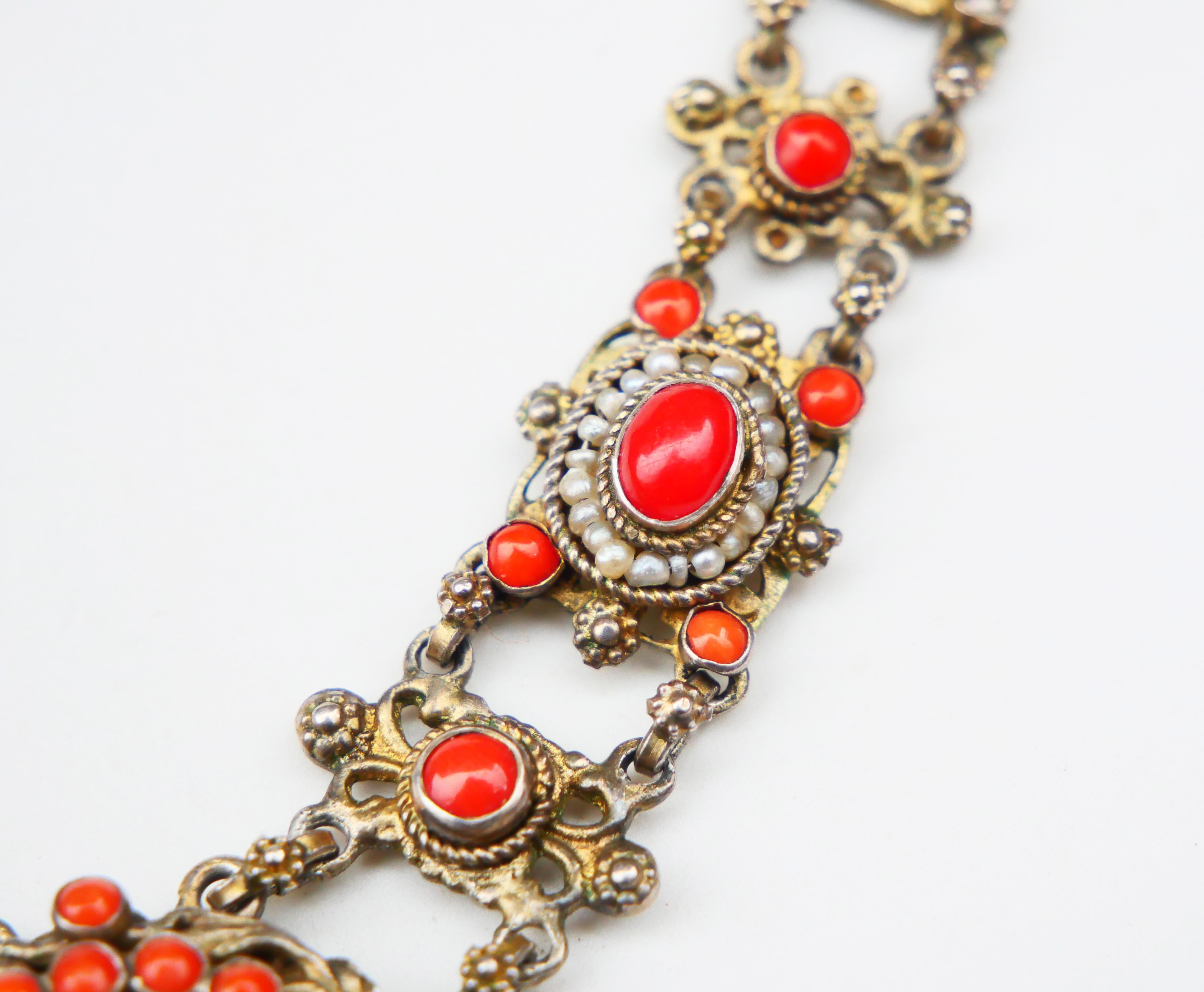 Antique Austrian Neckalce natural Red Coral Seed Pearls Gilt Silver / 27.7gr For Sale 2