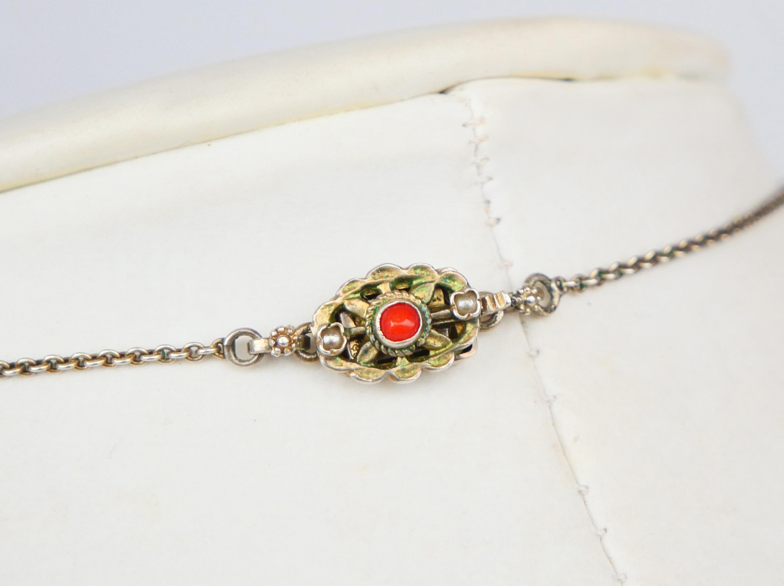 Antique Austrian Neckalce natural Red Coral Seed Pearls Gilt Silver / 27.7gr For Sale 3