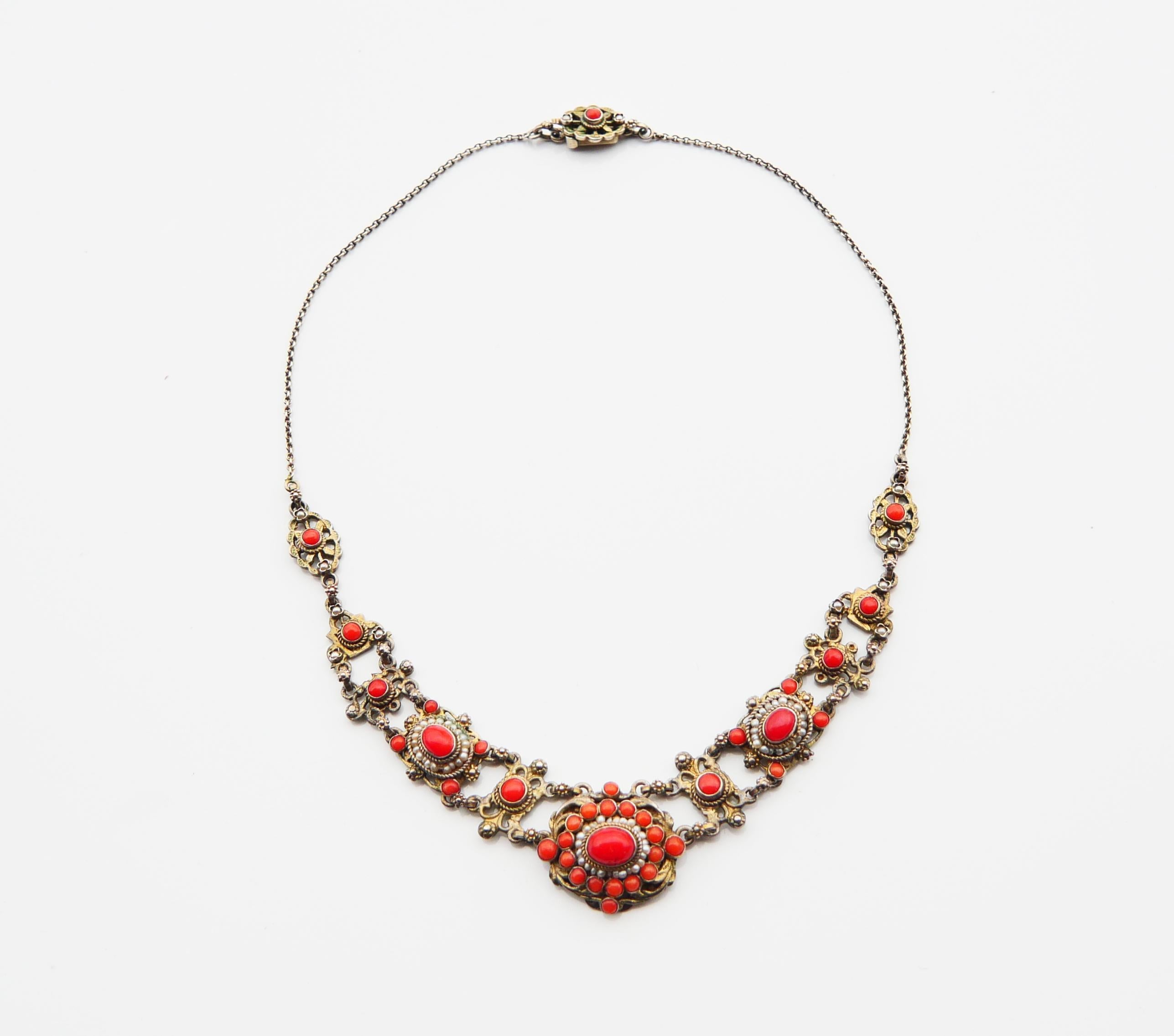 Antique Austrian Neckalce natural Red Coral Seed Pearls Gilt Silver / 27.7gr For Sale 4