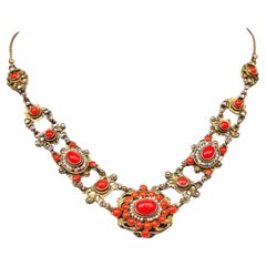 Antique Austrian Neckalce natural Red Coral Seed Pearls Gilt Silver / 27.7gr