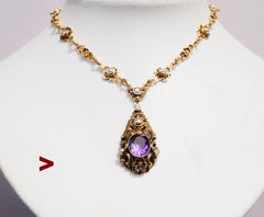 Antique Austrian Necklace Amethyst Pearls Gilt Silver / 42cm/25gr