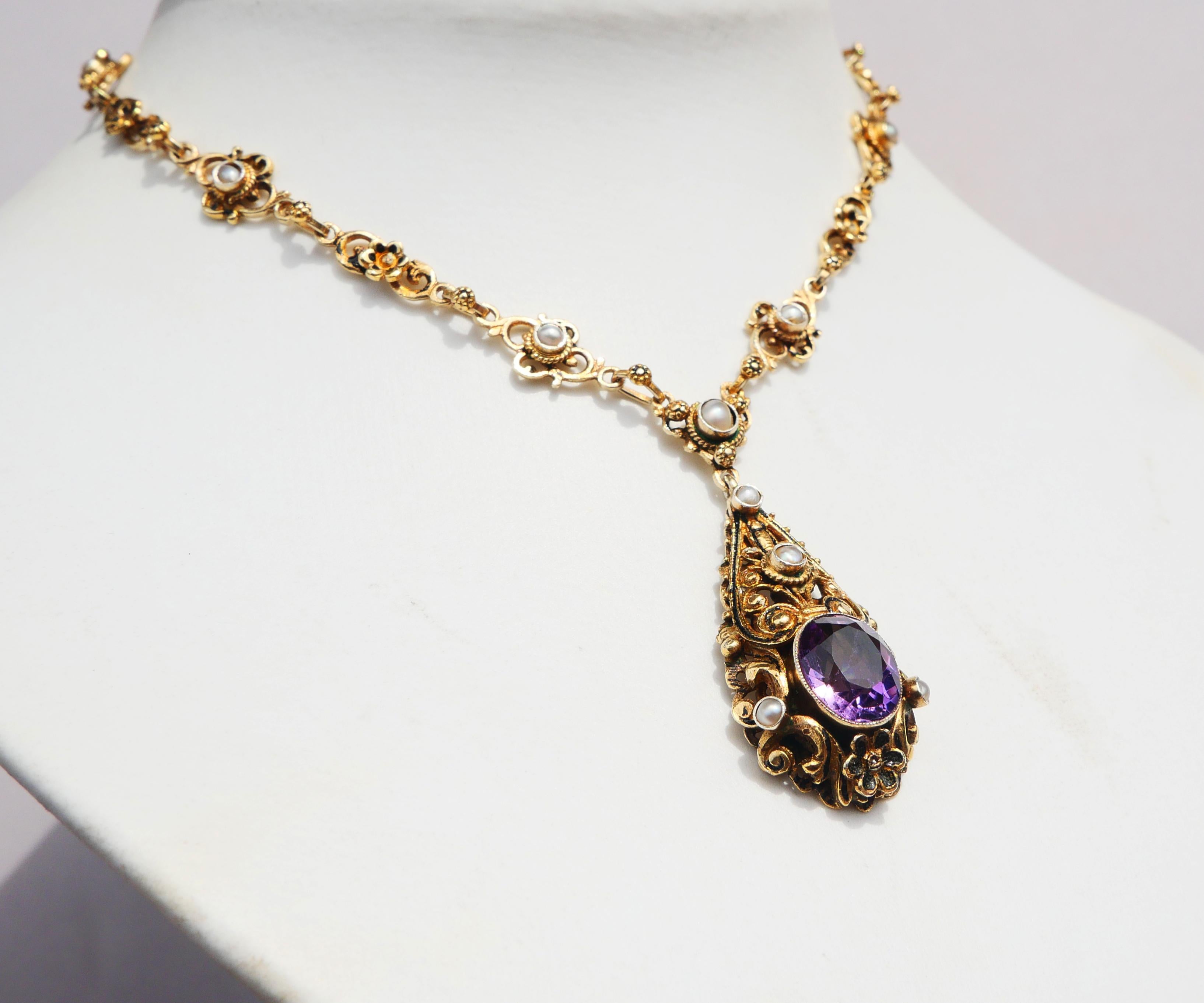 Art Deco Antique Austrian Necklace Amethyst Pearls Gilt Silver / 42cm/25gr For Sale