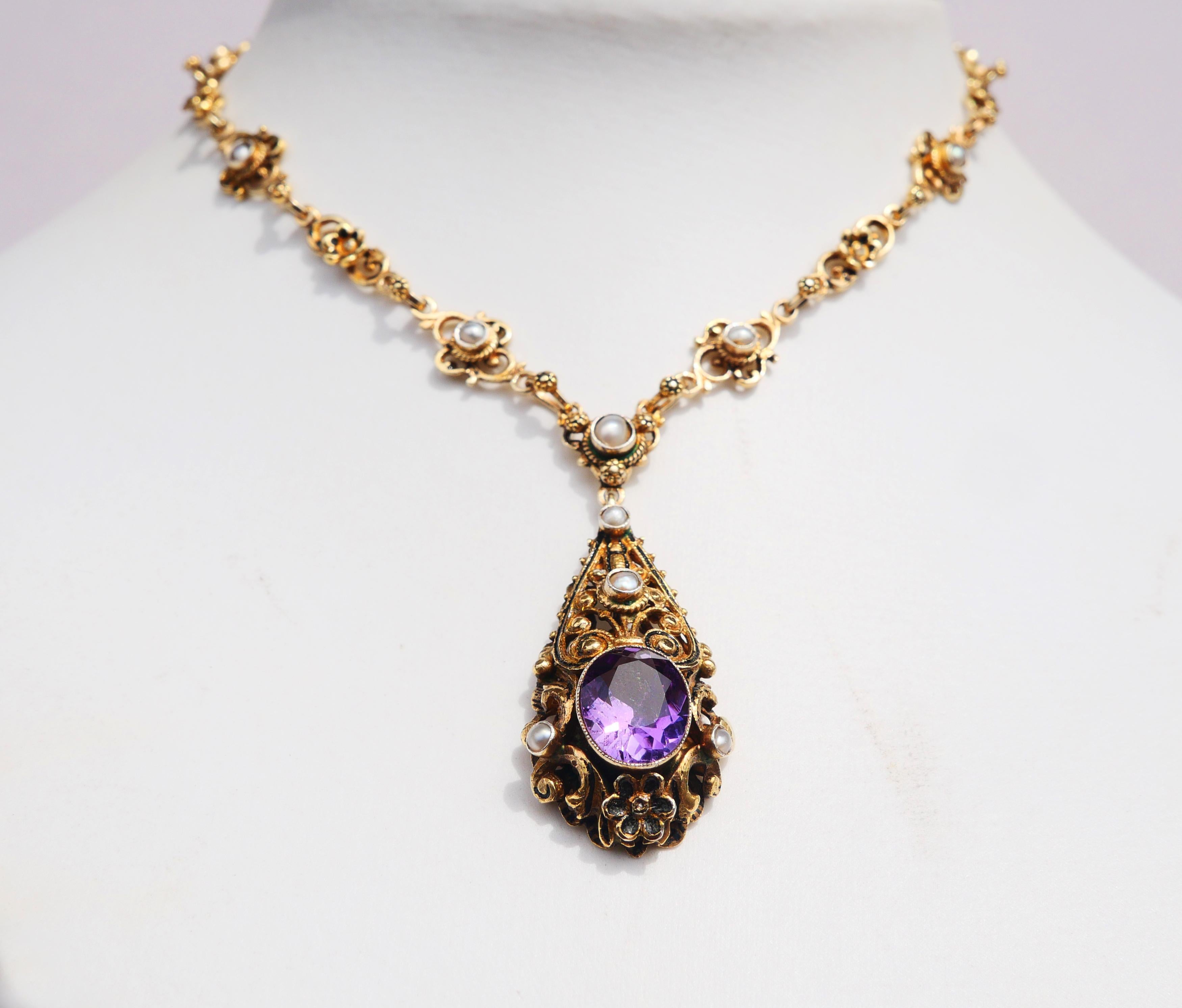Oval Cut Antique Austrian Necklace Amethyst Pearls Gilt Silver / 42cm/25gr For Sale