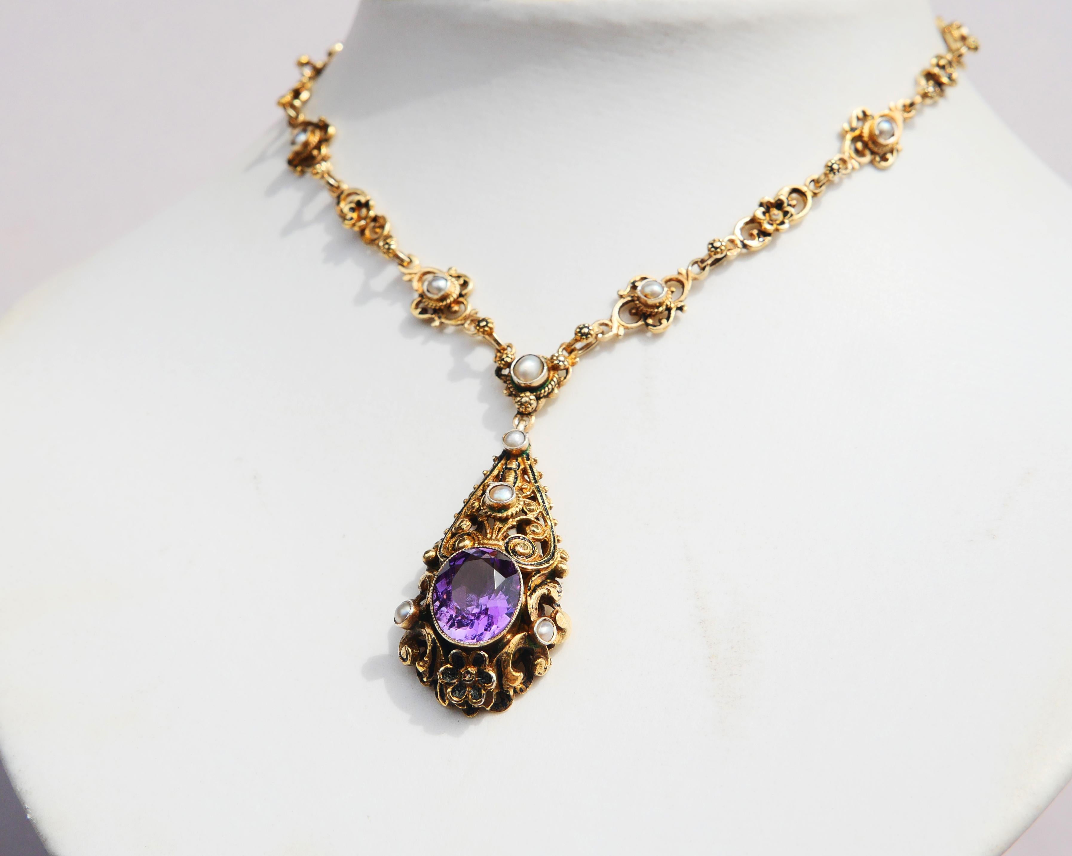 Antique Austrian Necklace Amethyst Pearls Gilt Silver / 42cm/25gr For Sale 1