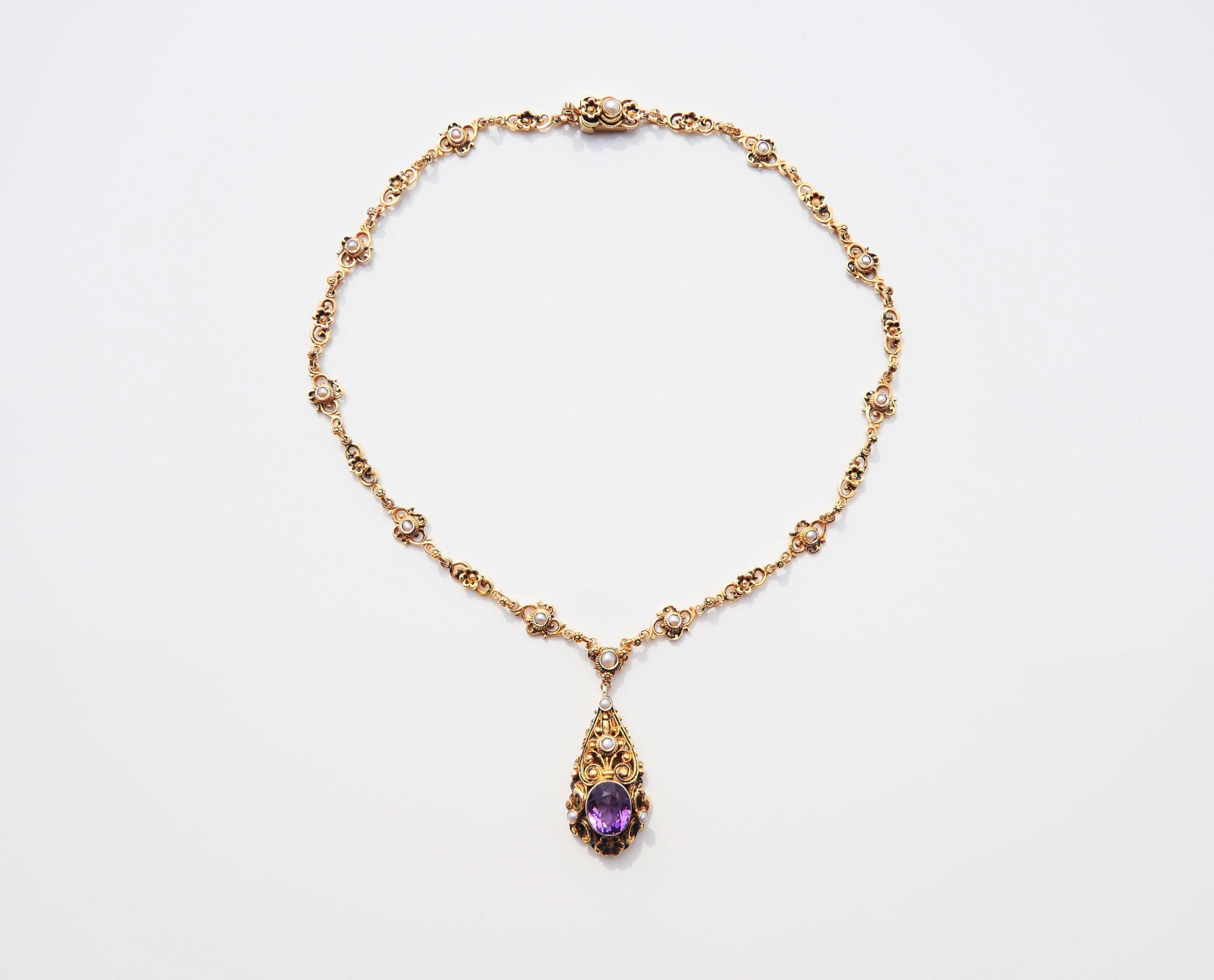 Antique Austrian Necklace Amethyst Pearls Gilt Silver / 42cm/25gr For Sale 2